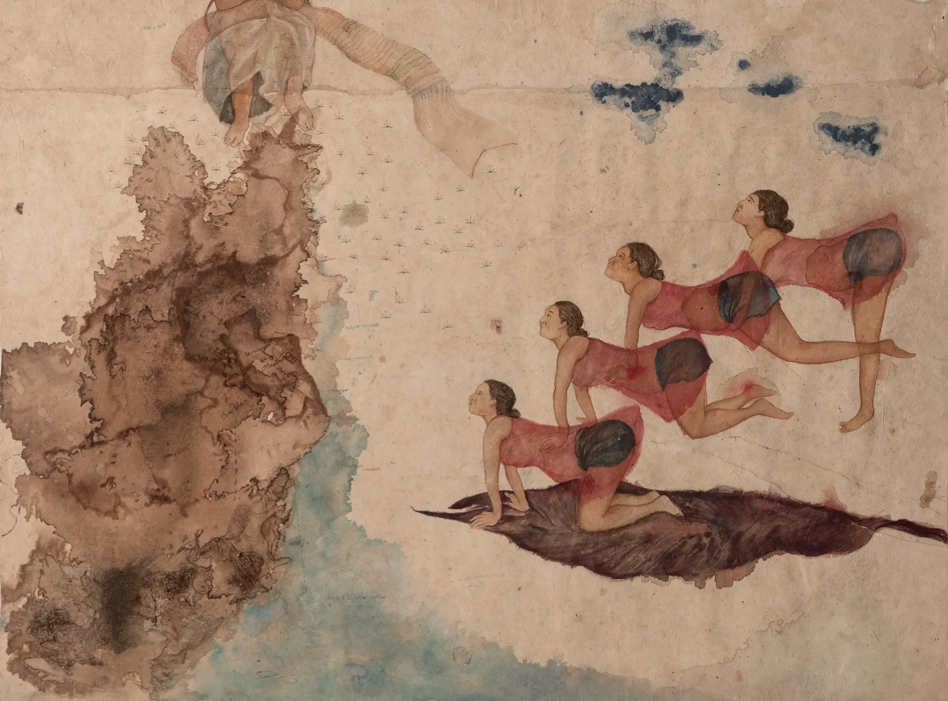 She making a muffler with her imaginative colour, for me by Oliva Saha - Mixed media on rice paper paste