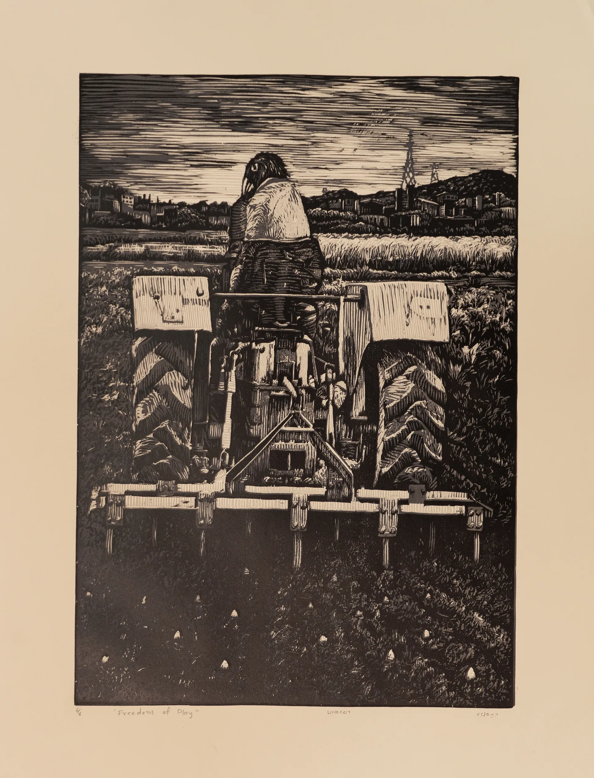 Freedom of play by Akbar Ali Sunasara - Linocut print
