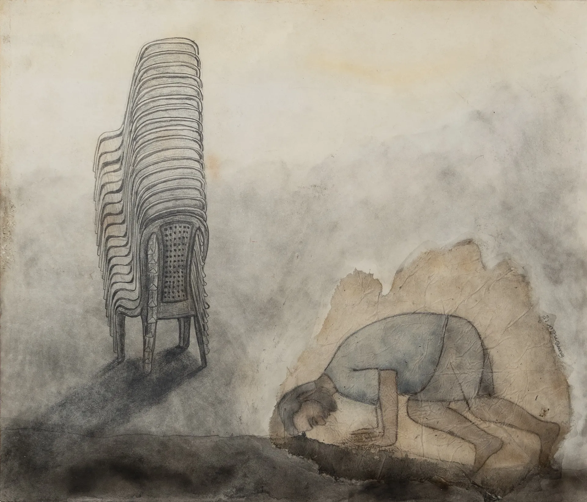 Nothing serious, 5 by Suvendu Bhandari - Watercolor, conte, graphite, smoke