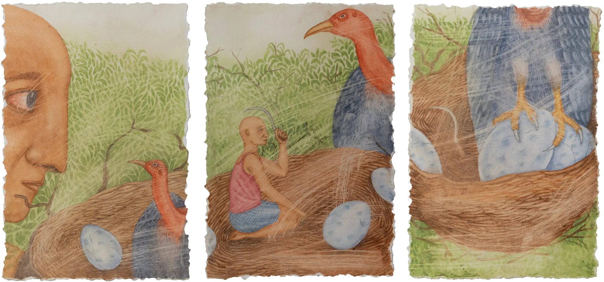 Prey and predator (triptych) by Suvendu Bhandari - Tea stain and watercolor