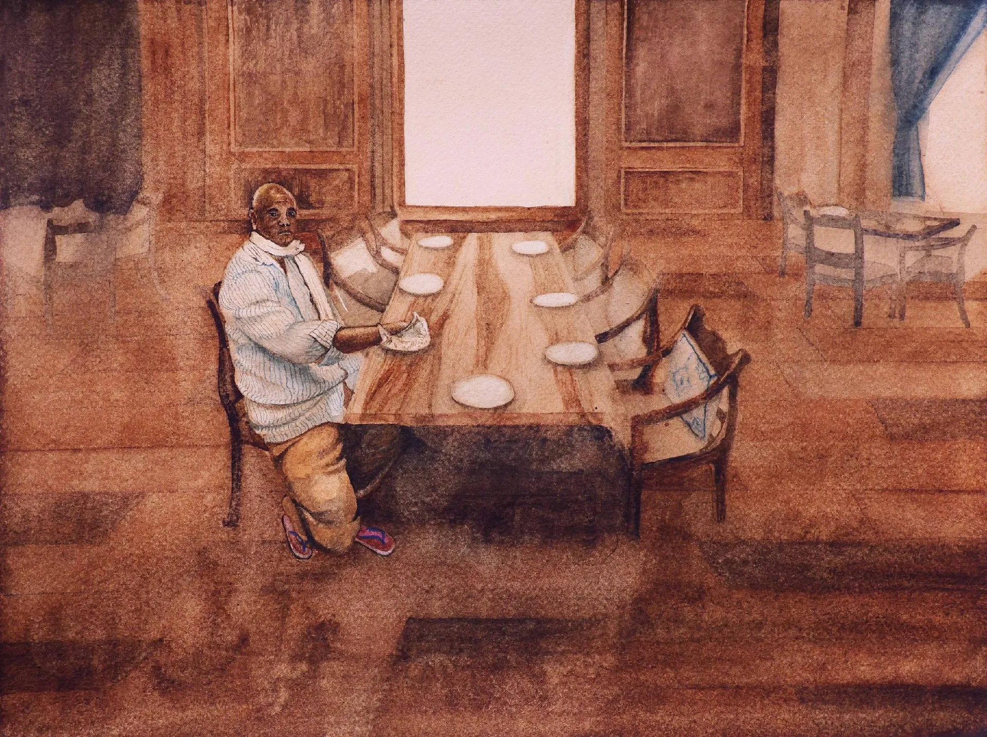 नीचे के लोग ऊपर की थाली में (The lower caste in the upper plate) by Shiv Shankar - Watercolor on paper
