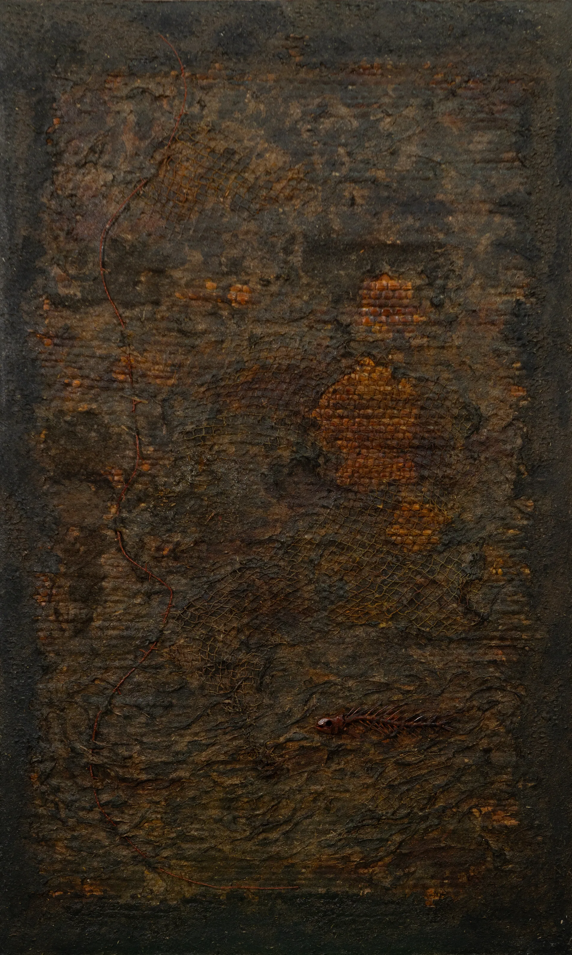 The Submerged Border
 by Manjit Gogoi - Mixed media (water hyacinth, cow dung, bamboo, fishing net and thread)