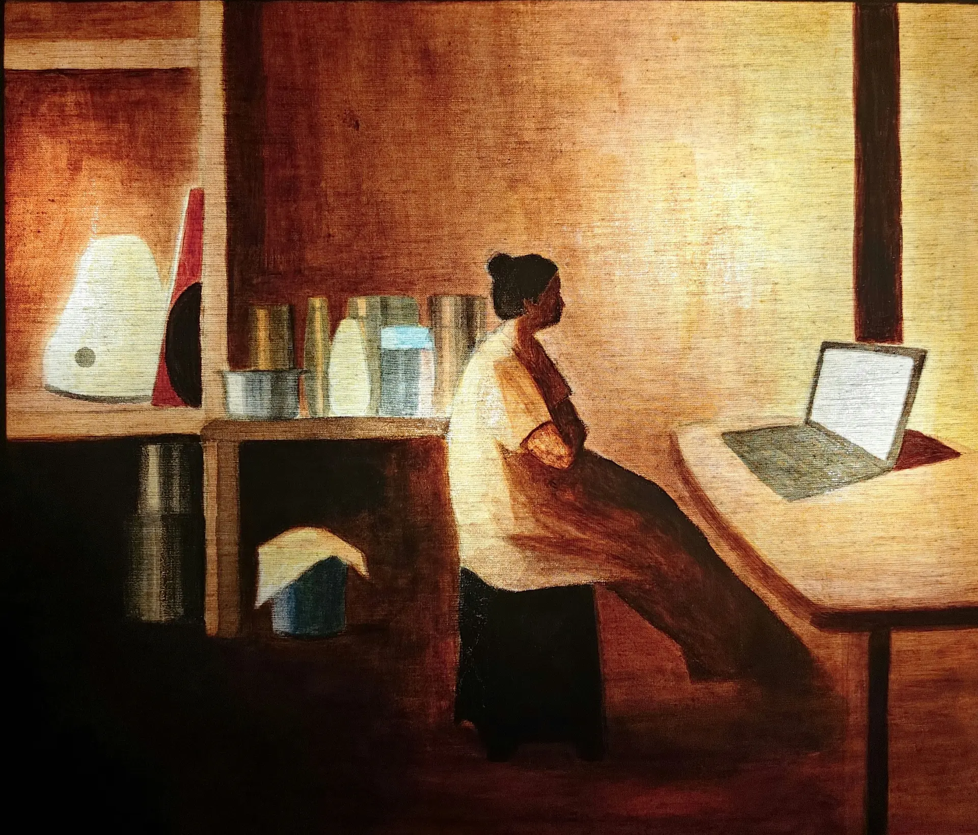 It was my mother who made me meditate 4 by Gayathri A P - Acrylic on organza cloth with LED light