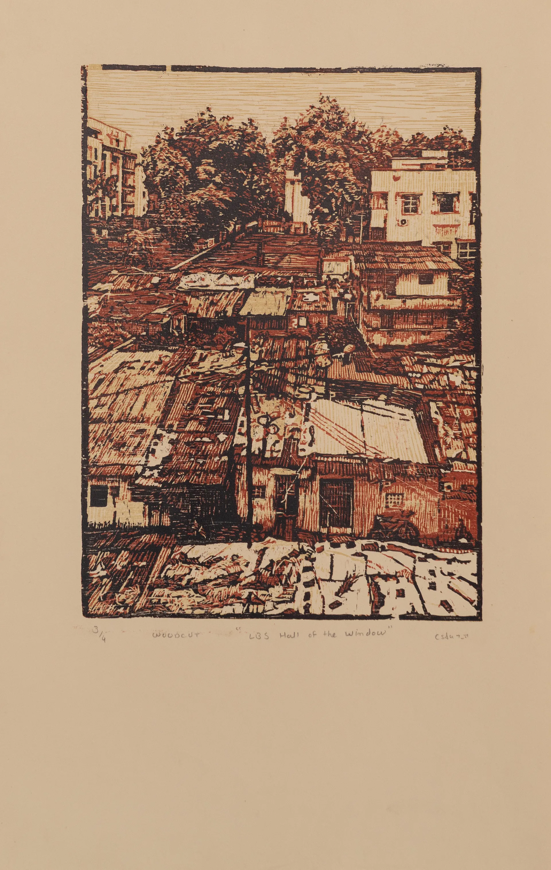 LBS hall of window by Akbar Ali Sunasara - Woodcut print
