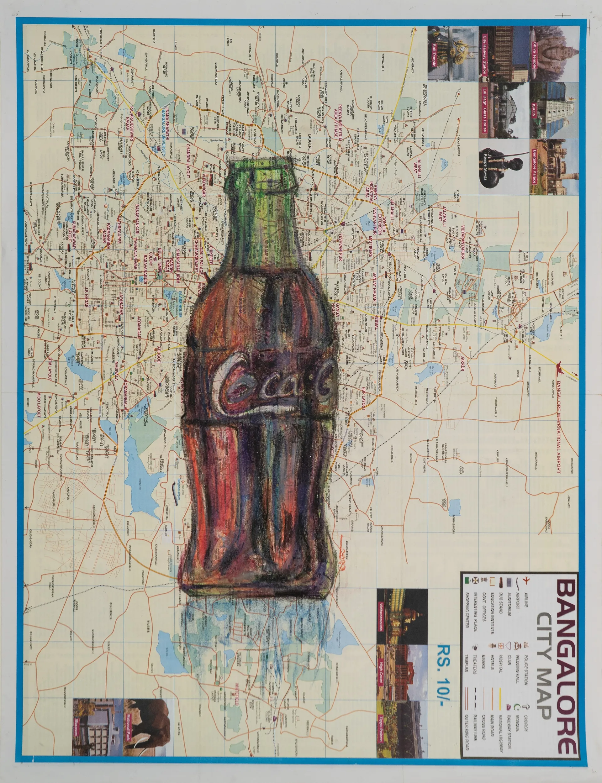 Coca-cola by Prasad KV - Oil pastel on city map (paper)