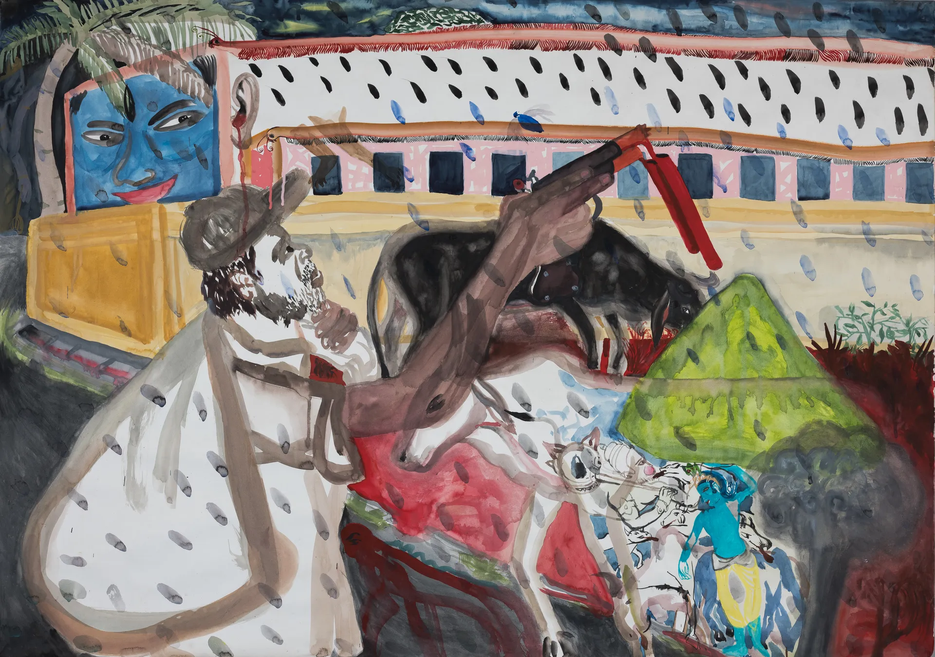 A man with toy gun by G. Mahesha - Watercolor on paper