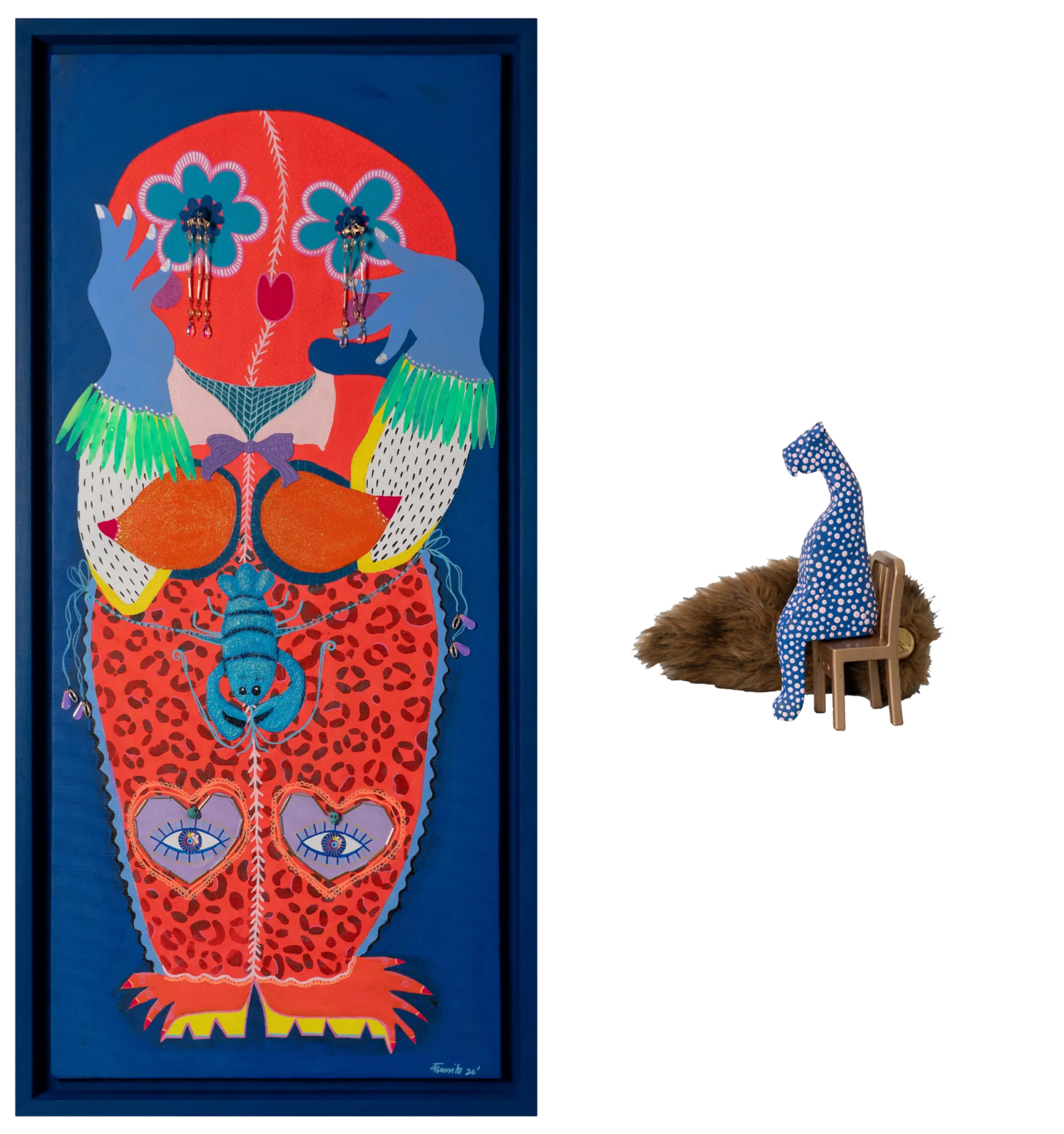 Portrait of us by Varnita Sethi - Acrylic, wooden beads, metal chandelier, plastic fringe, metal shell, ceramic skull beads