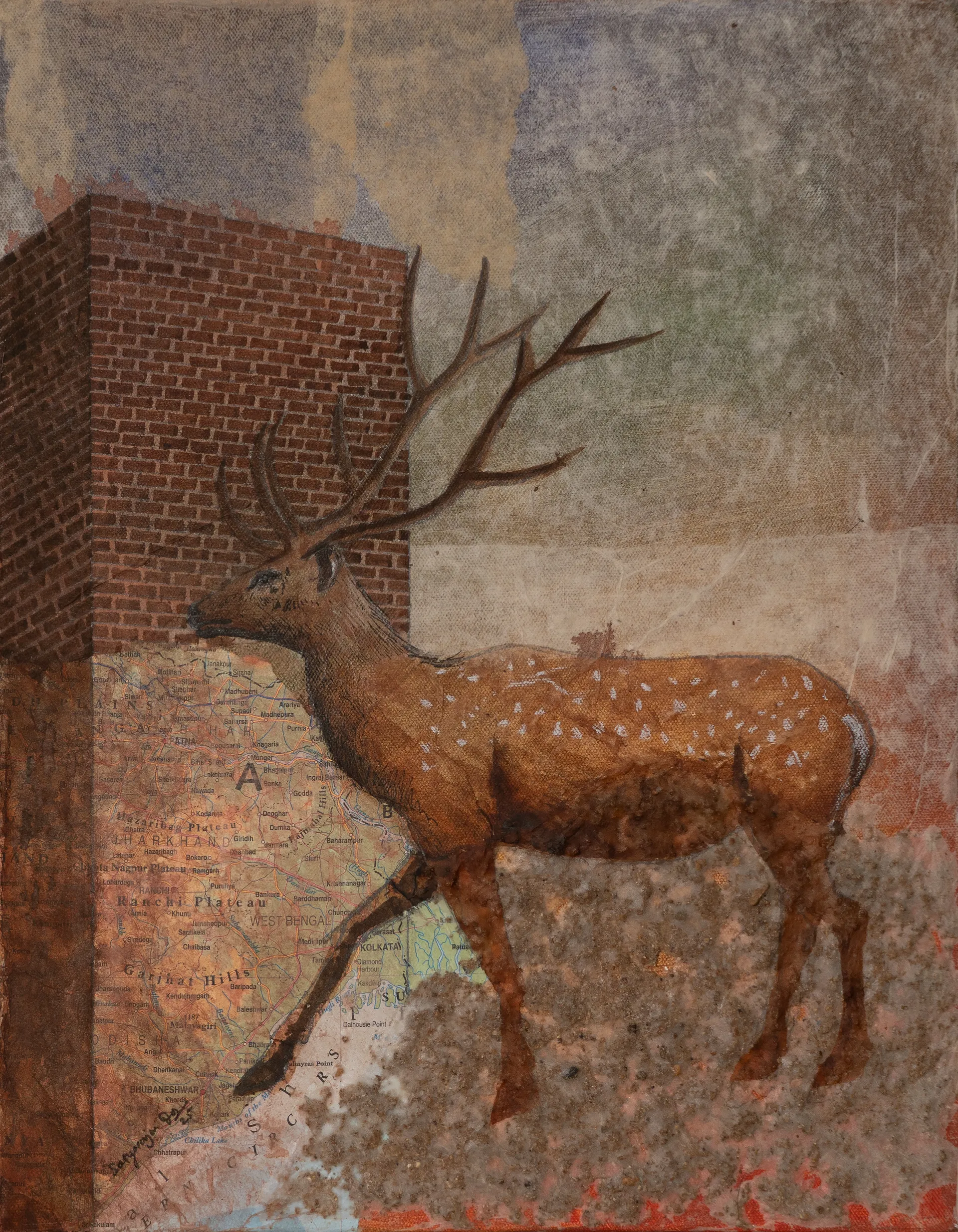Towards the city I by Satyaranjan Das - Watercolour, sand, map, and rice paper on Carson and board