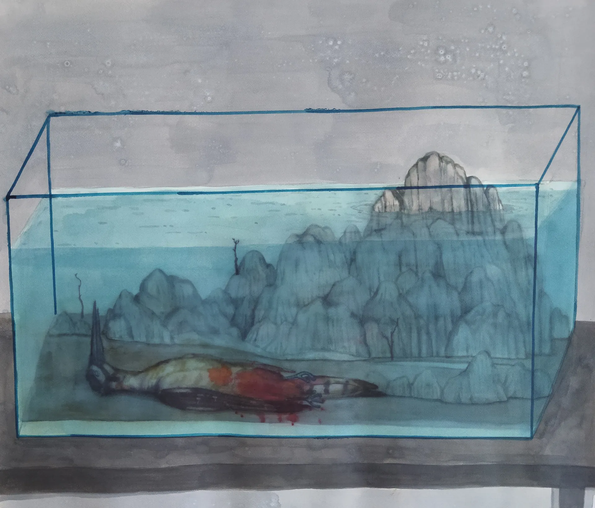 The fish that died as a bird in an aquarium by Aryama Pal - Acrylic on paper