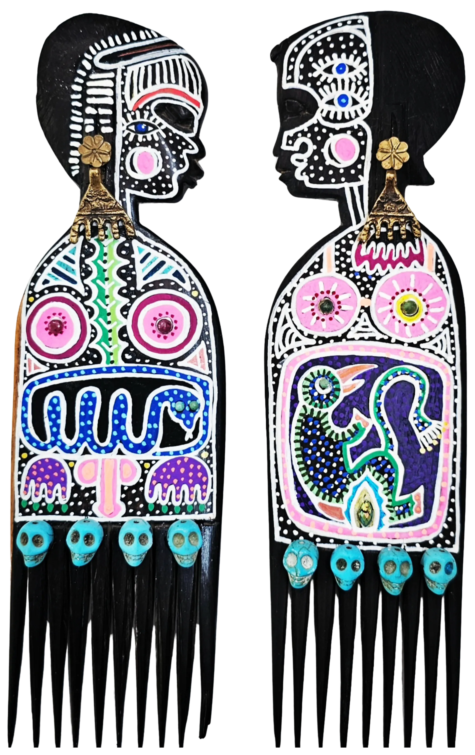 Untangled by Varnita Sethi - Acrylic markers, brass beads and skull beads on a found antique comb