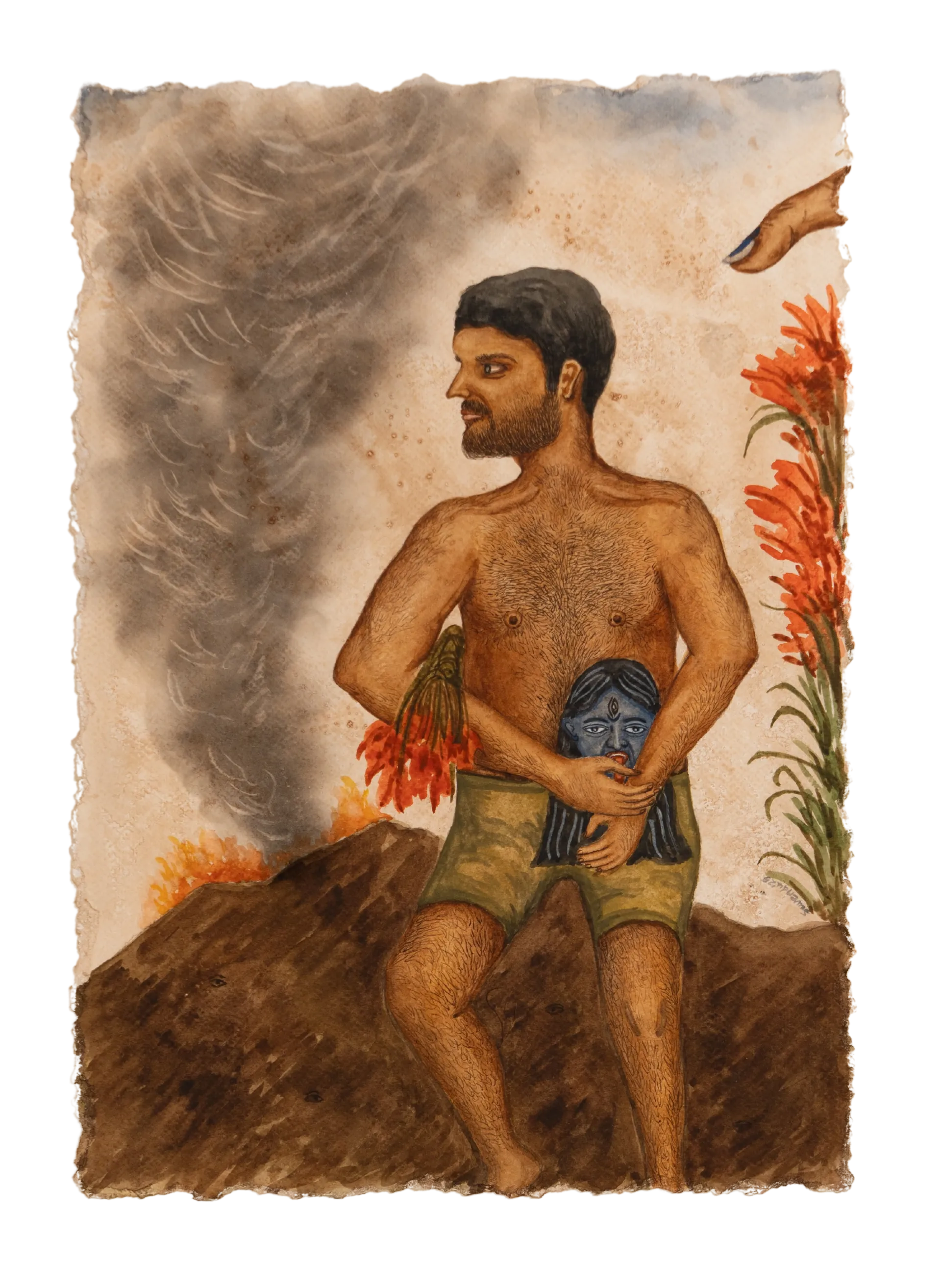 Bearer of divine wrath by Suvendu Bhandari - Tea stain, watercolor, gouache, smoke on Fabriano paper