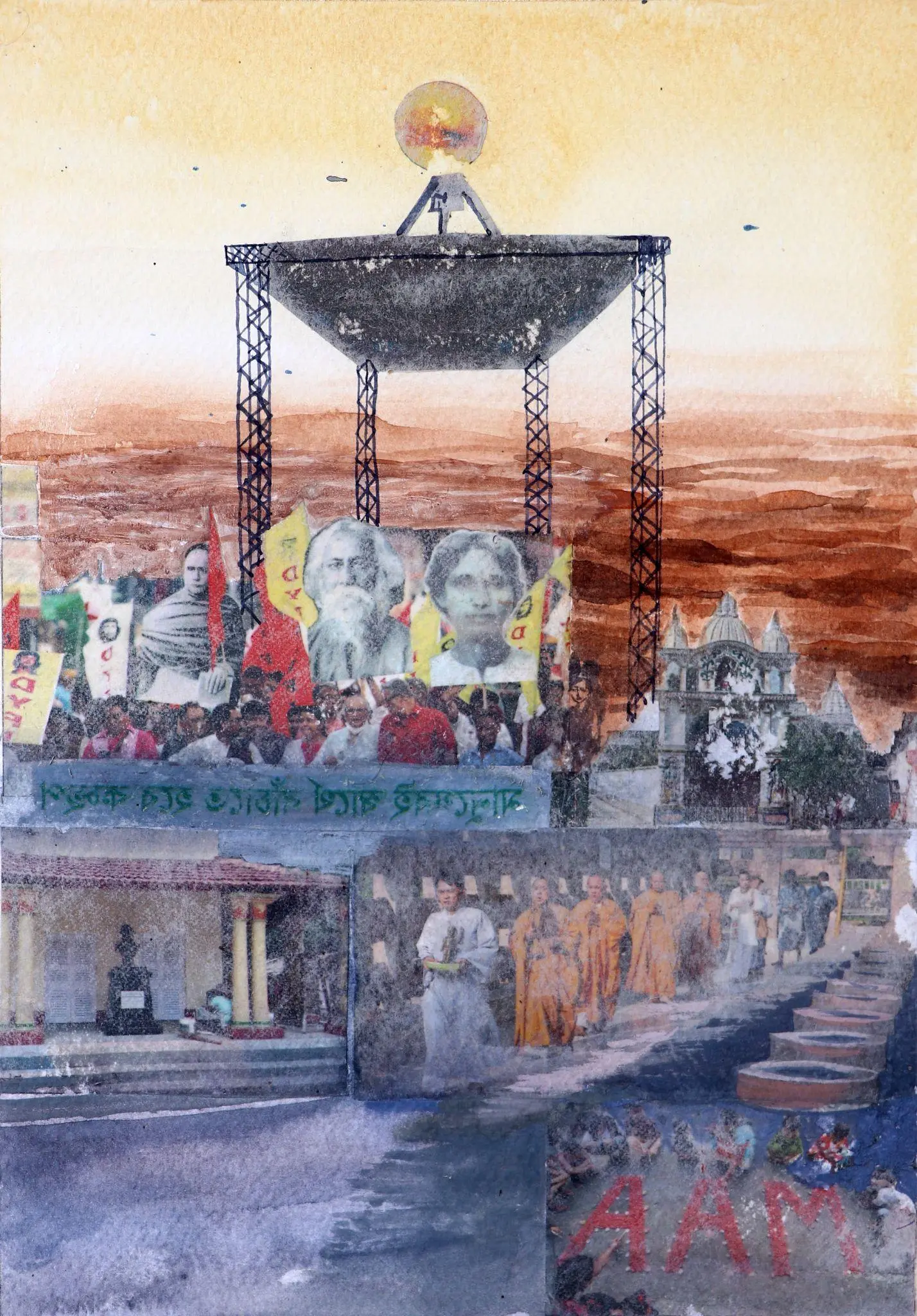 Untitled by Bikramjit Paul - Poster color, watercolor, newspaper, charcoal, Fevicol, pencil, and gloss medium
