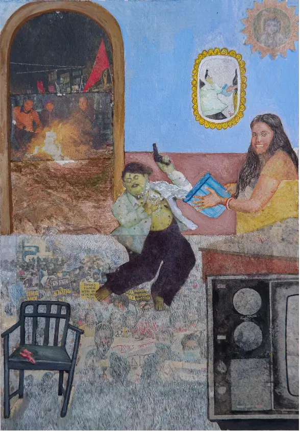 The love story by Bikramjit Paul - Poster color, watercolor, newspaper, charcoal, Fevicol, pencil, and gloss medium