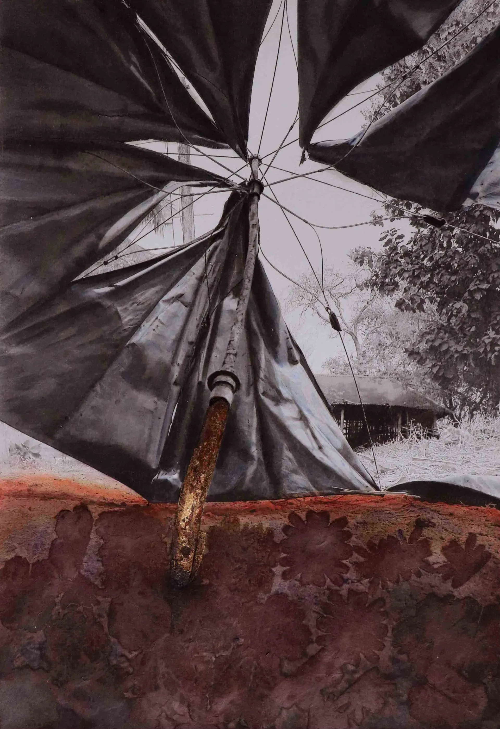 Shelter by Sangita Datta - Watercolor, Chinese ink, rice paper, and gold leaf on archival photograph