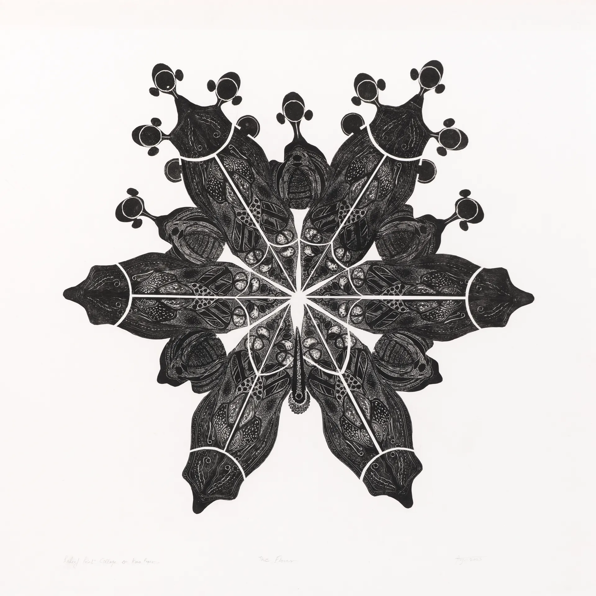 The flower by Avni Bansal - Linocut print collage on Kozo paper