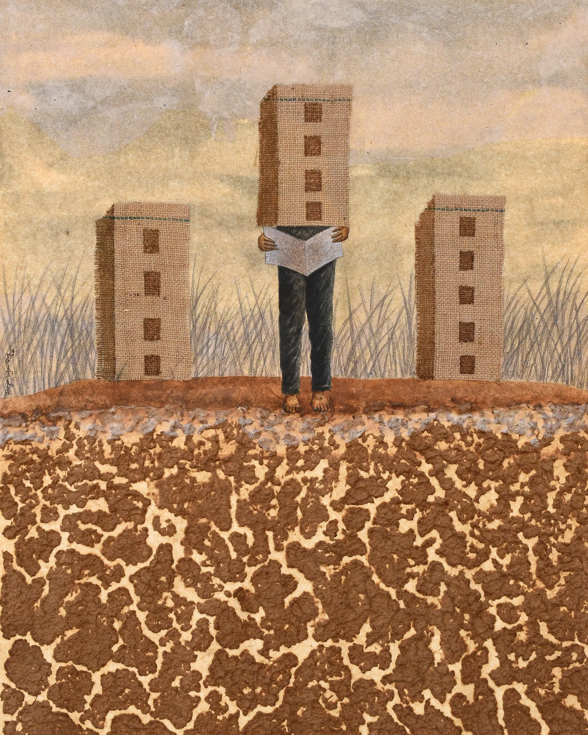 Three lands III by Satyaranjan Das - Watercolour, jute fabric, pencil, paper pulp, and rice paper on acid-free paper