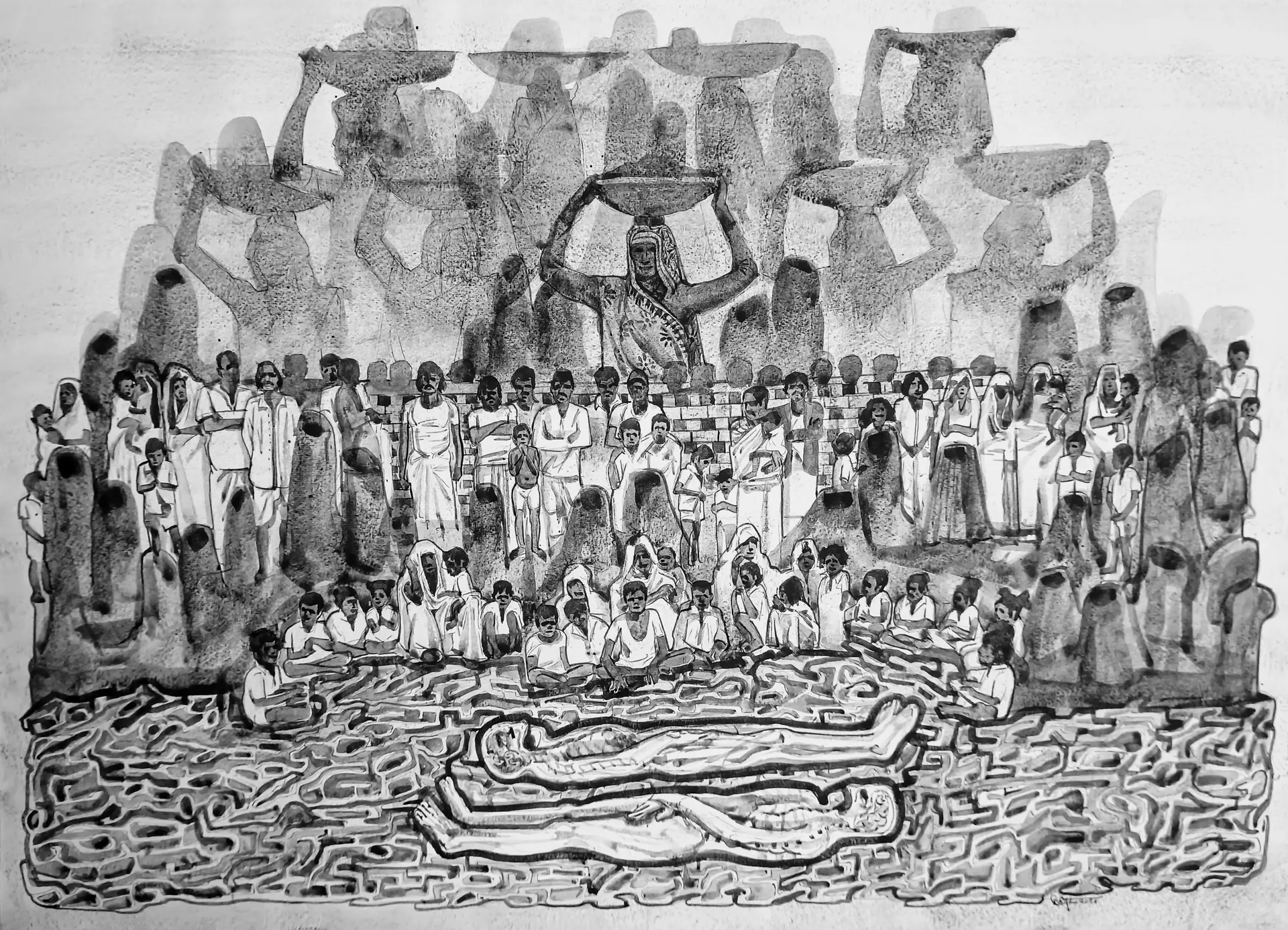 The burial of the common by Prasad KV - Pen and watercolor on archival paper