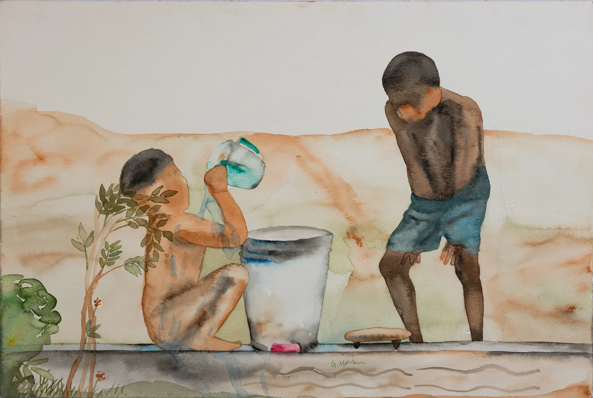 Bathing children by G. Mahesha - Watercolor on paper