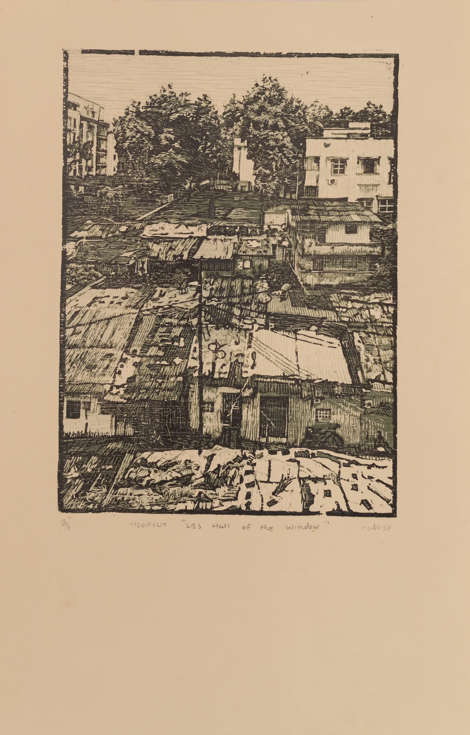 Slum by Akbar Ali Sunasara - Woodcut print