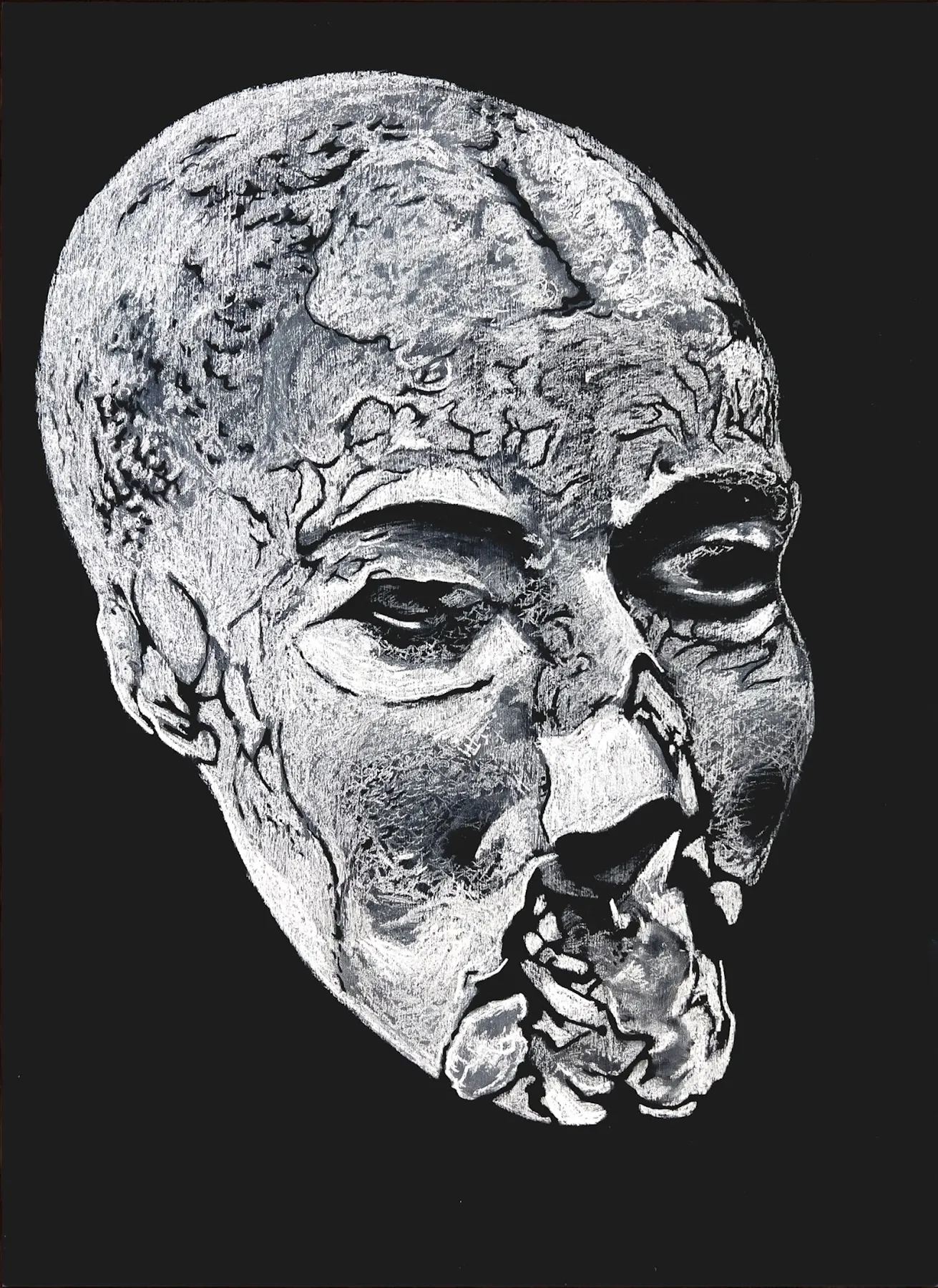 Edappadu specimen: Fossilised skull remains, coastal phase I by Boris Colin Alphonse - Chalk on blackboard (chalkboard paint, chalk, wooden board, pouring medium)