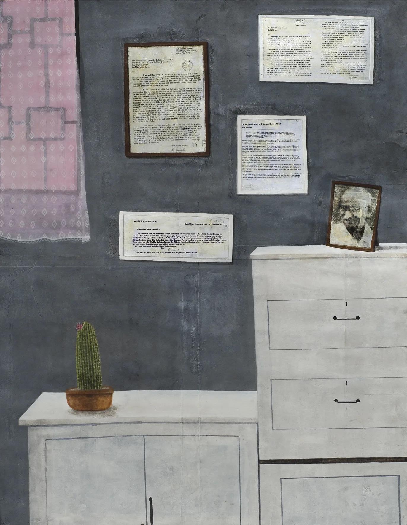 Still life of war, before and after (Portrait of Gandhi, letters from Einstein to President Roosevelt and Gandhi, a cactus, and a curtain) by Aryama Pal - Image transferred using acrylic gloss medium, charcoal, and acrylic colour on Nepalese paper pasted on buff cartridge paper