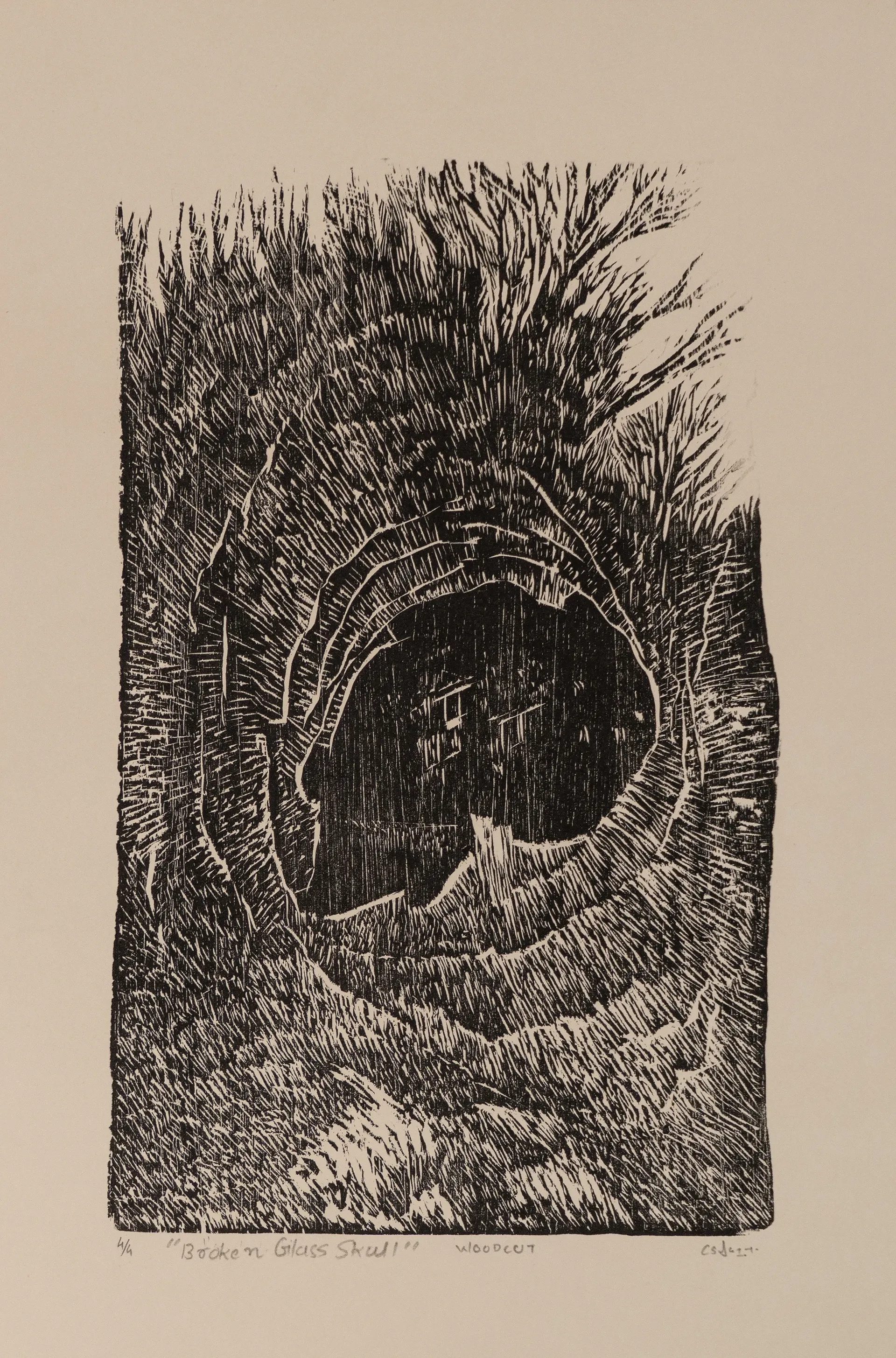 Broken glass skull by Akbar Ali Sunasara - Woodcut print