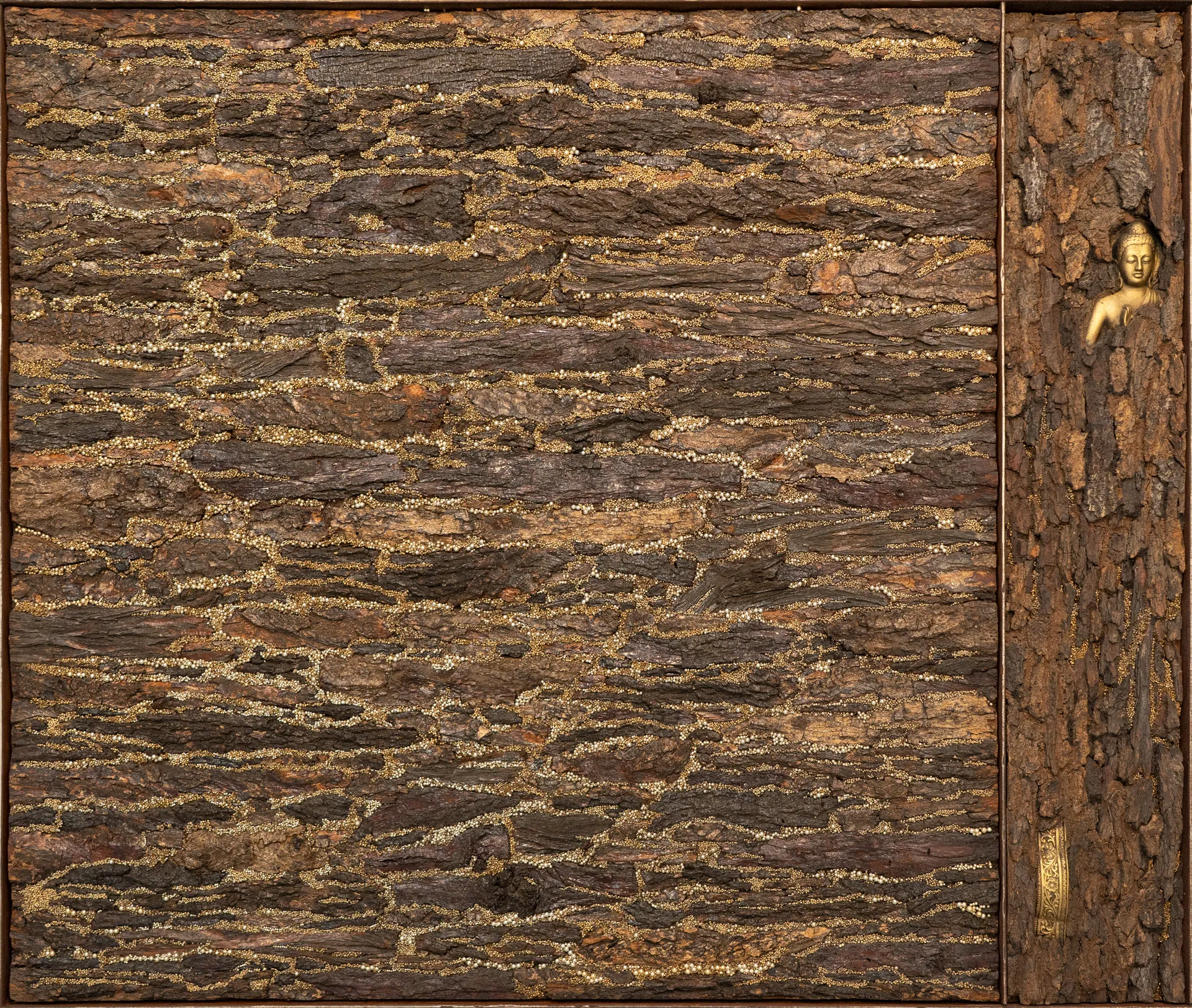 Between gravity by Shailesh Ojha - Brass, bark, wood, iron