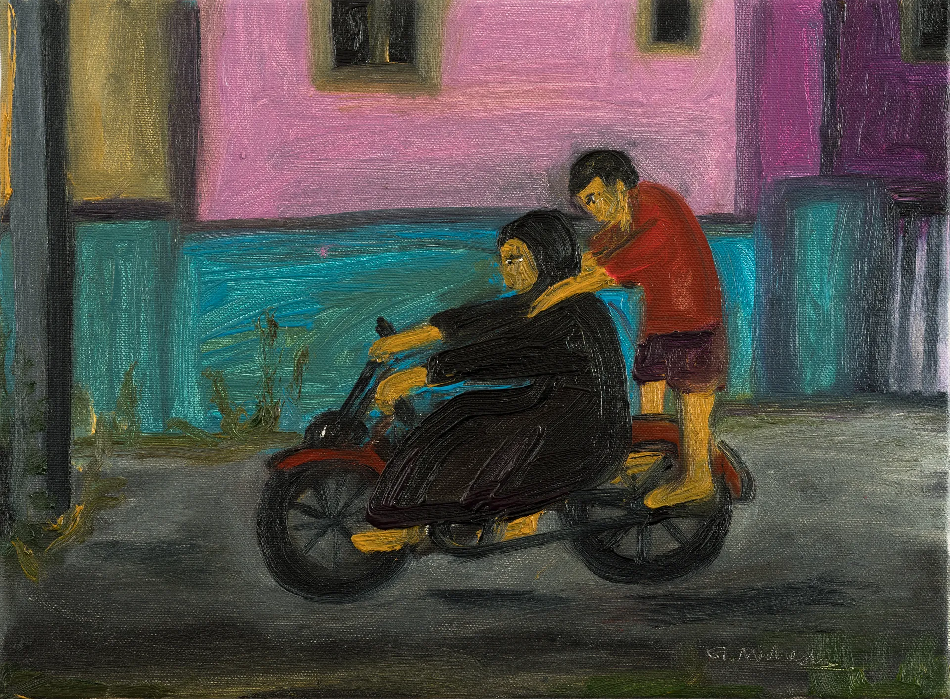 Cycling (sister and brother) by G. Mahesha - Oil color on canvas