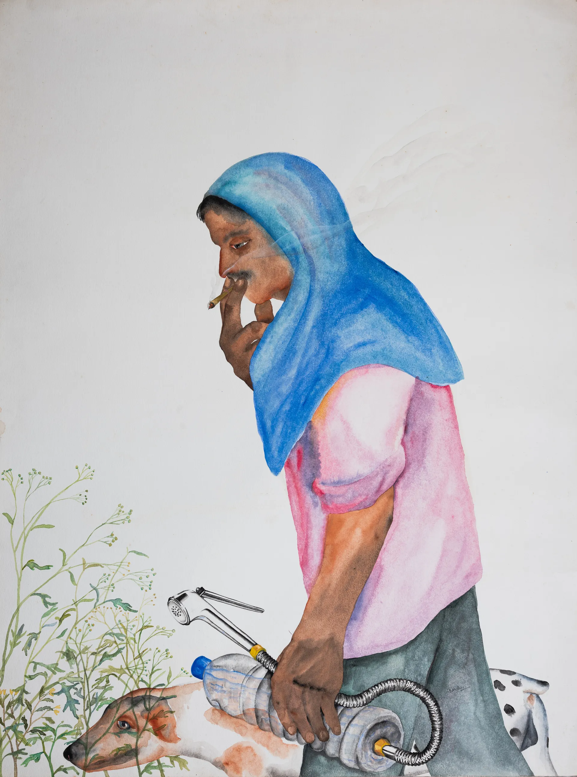 The man with water bottle by G. Mahesha - Watercolor on Bockingford paper