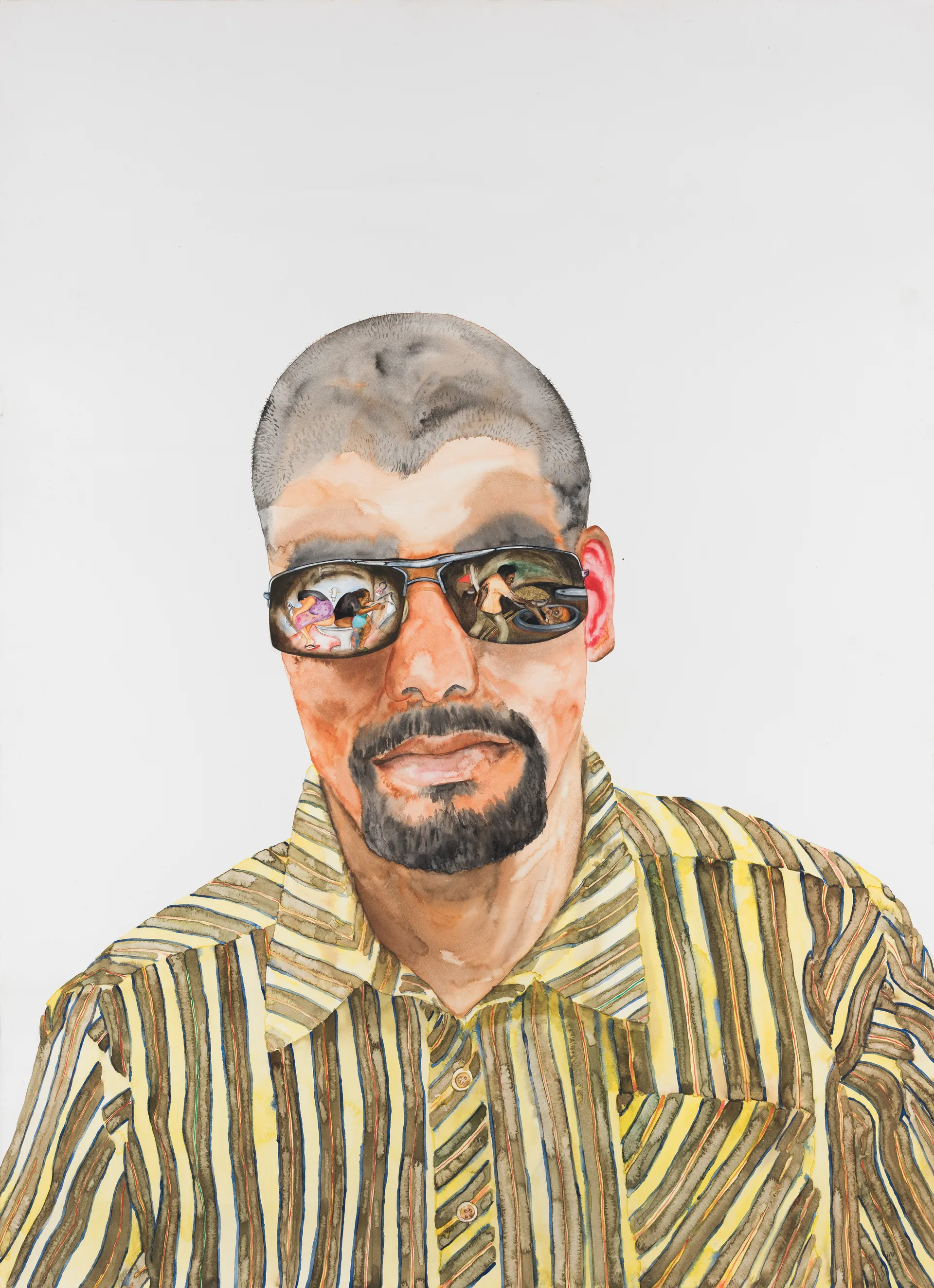 Self portrait with cooling glass by G. Mahesha - Watercolor on paper