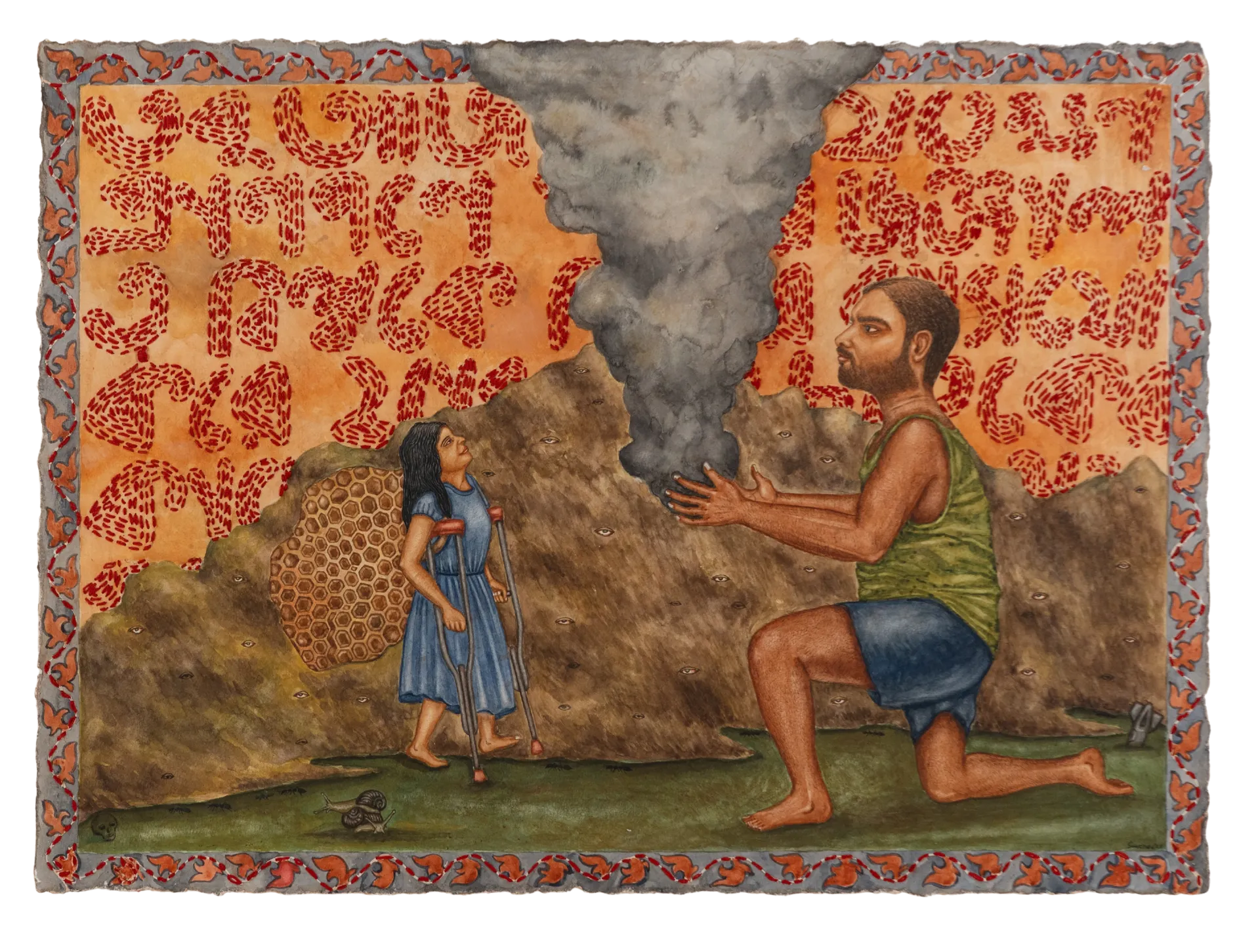 The fragments I have shored against my ruins of smoke by Suvendu Bhandari - Watercolor, gouache, stitching, clay & tea stain on Fabriano paper