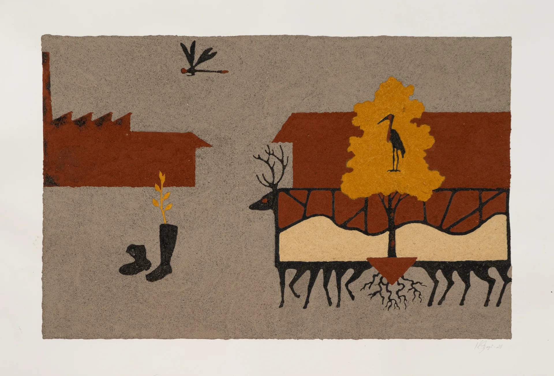 The last monarch 2 by Manjit Gogoi - Mixed media (construction waste on paper)