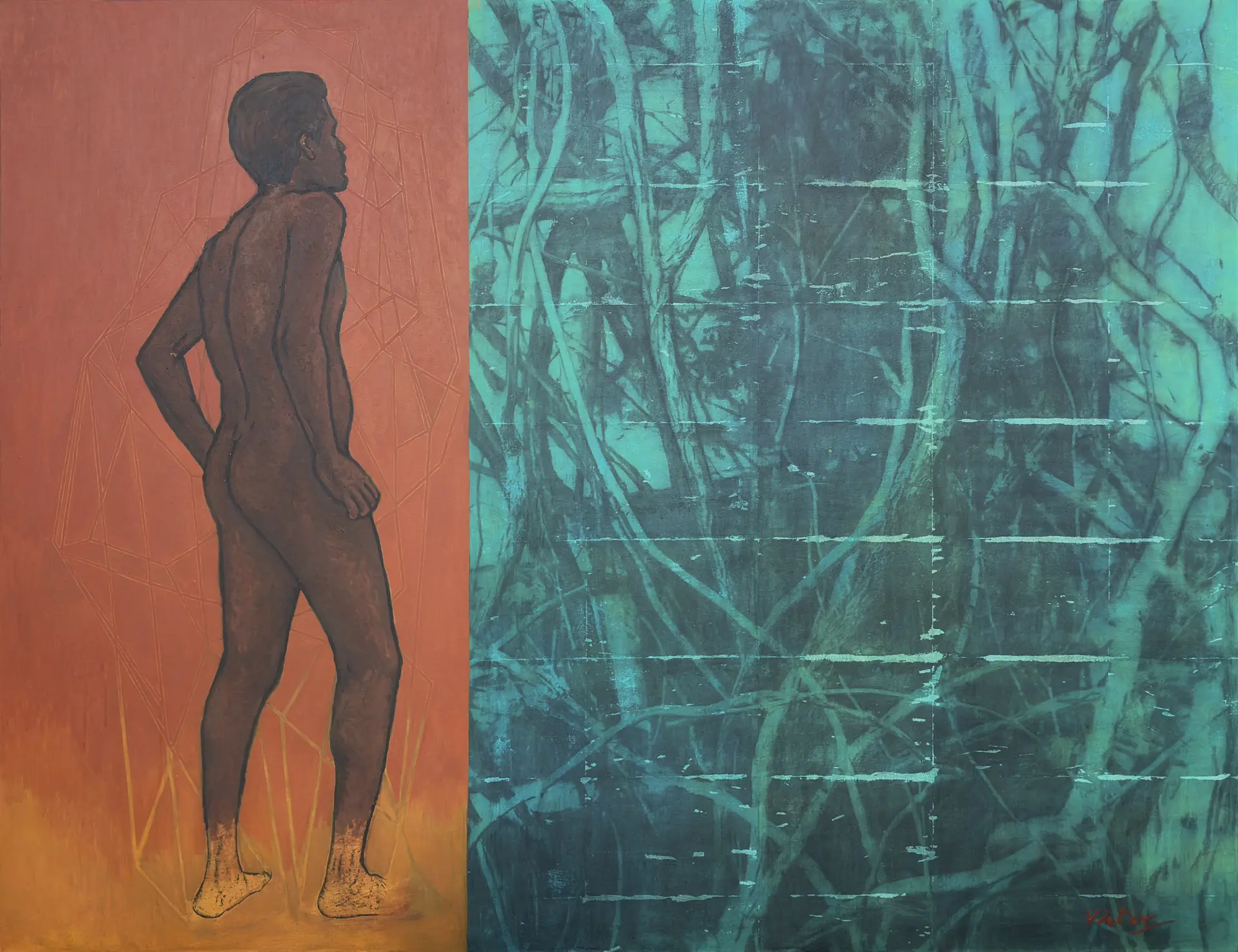 Man in confinement 2 by Victor Hazra - Acrylic, image transfer, and color pigments on canvas