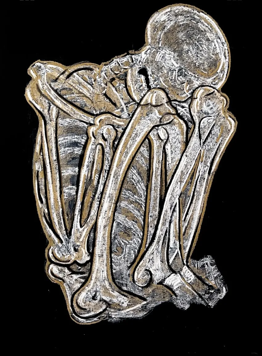 Mummy, Tamil coast excavation by Boris Colin Alphonse - Chalk on blackboard (chalkboard paint, chalk, wooden board); presented as image transfer on prepared MDF (water sealant, primer, gesso)