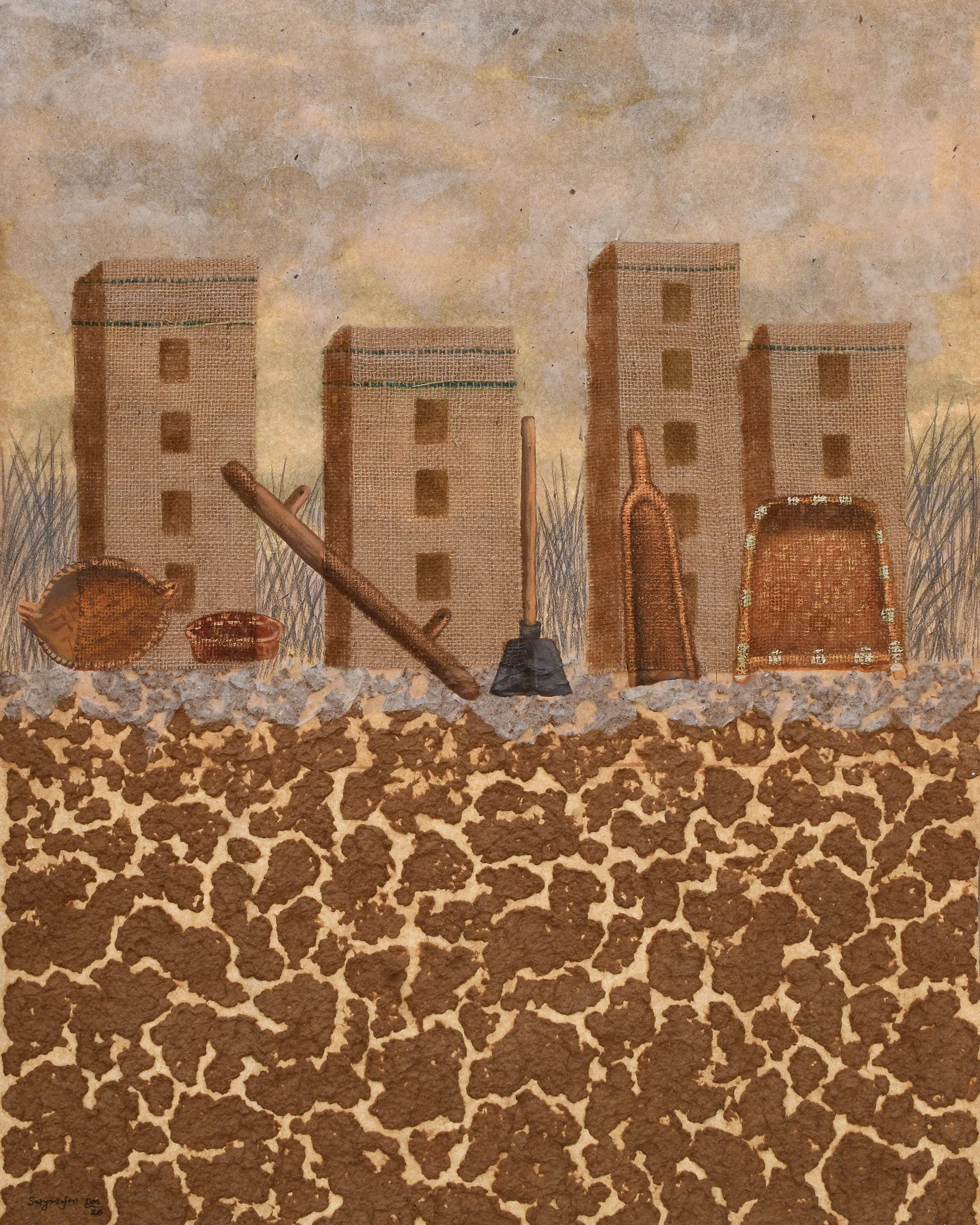 Three lands I by Satyaranjan - Watercolour, jute fabric, pencil, paper pulp, and rice paper on acid-free paper