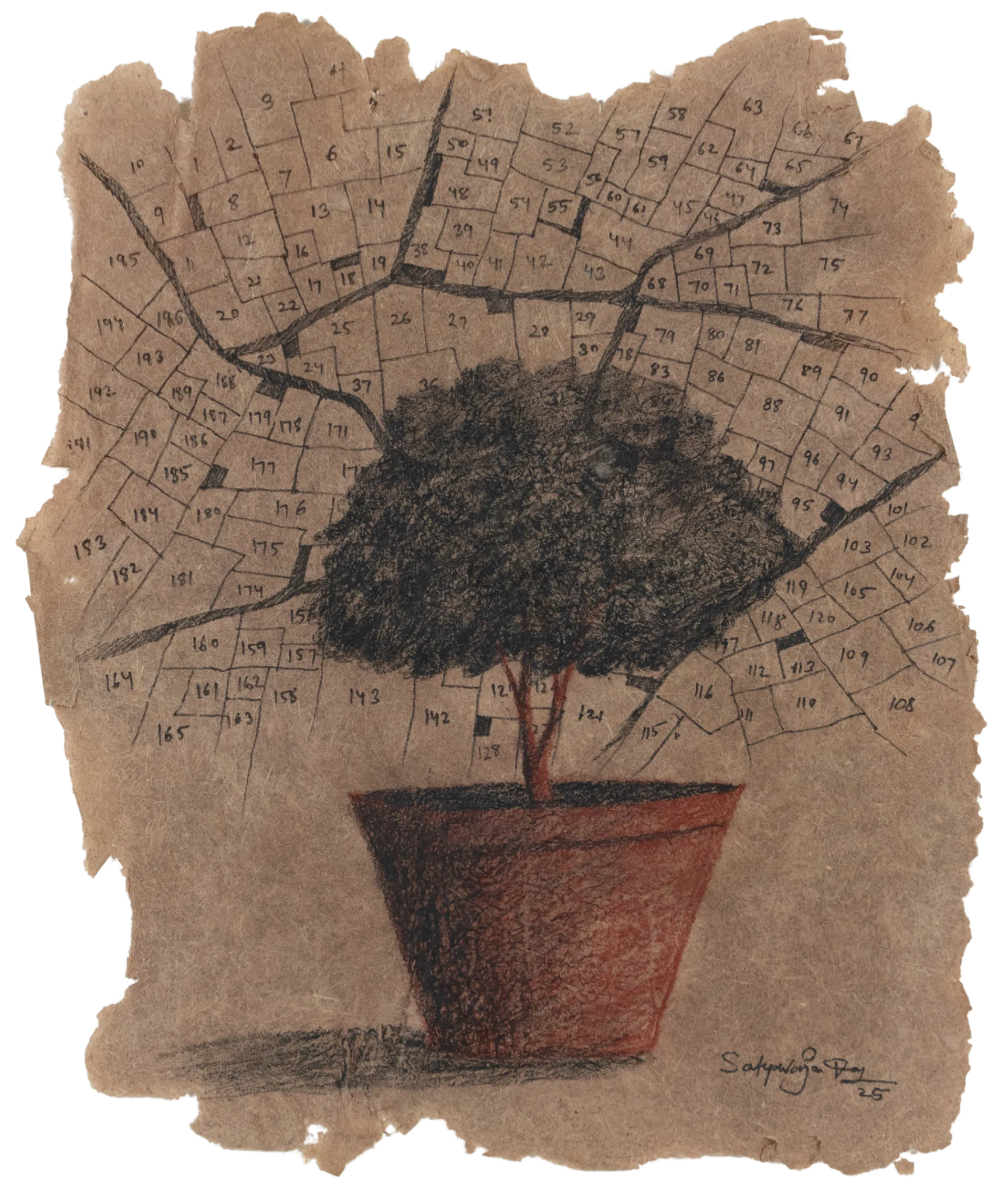 Survivor, 8 by Satyaranjan Das - Charcoal, watercolour, jute thread, paddy on handmade rice paper