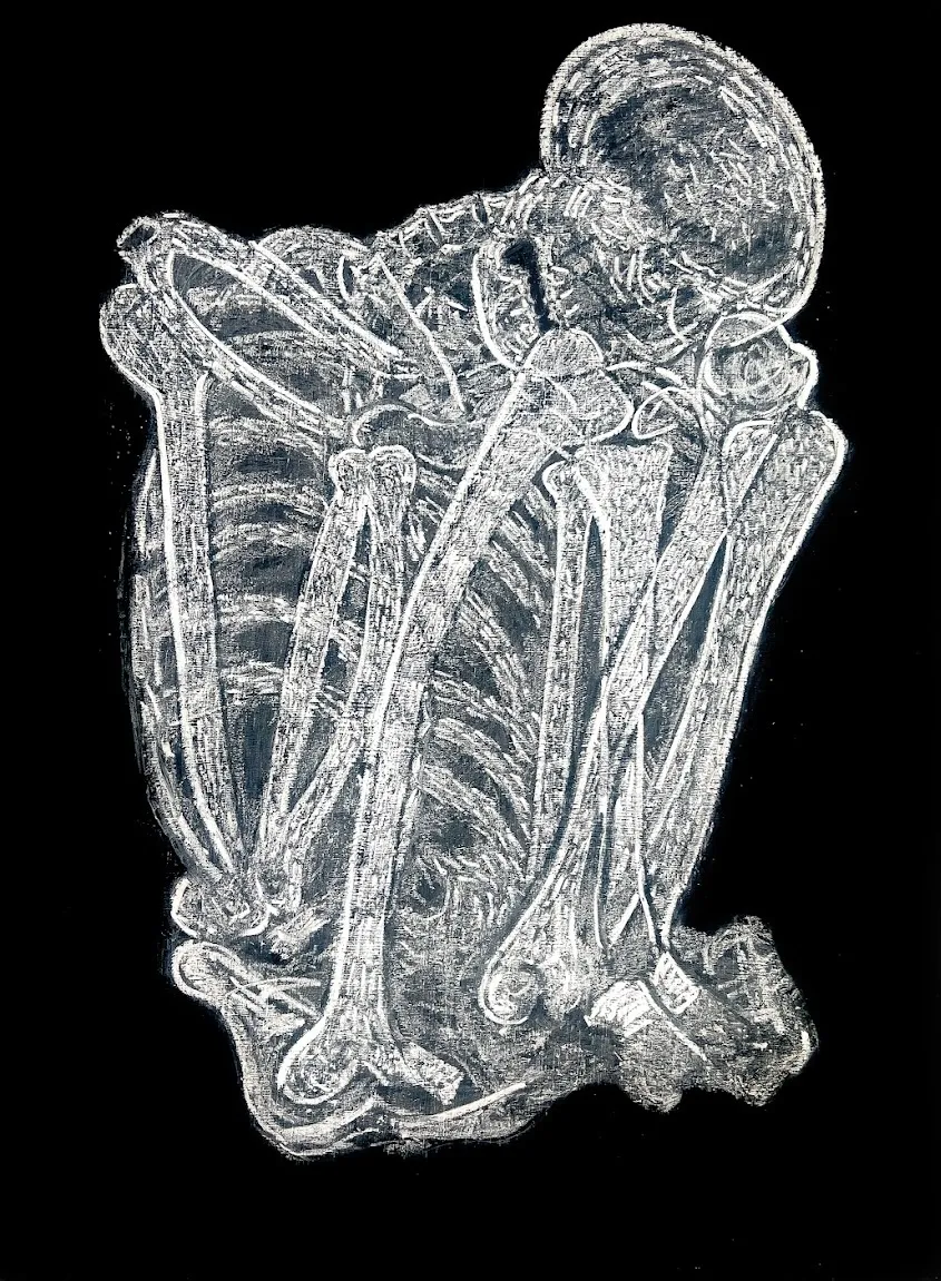 X-ray of a mummy, Tamil coast excavation by Boris Colin Alphonse - Chalk on blackboard (chalkboard paint, chalk, wooden board); presented as image transfer on prepared MDF (water sealant, primer, gesso)