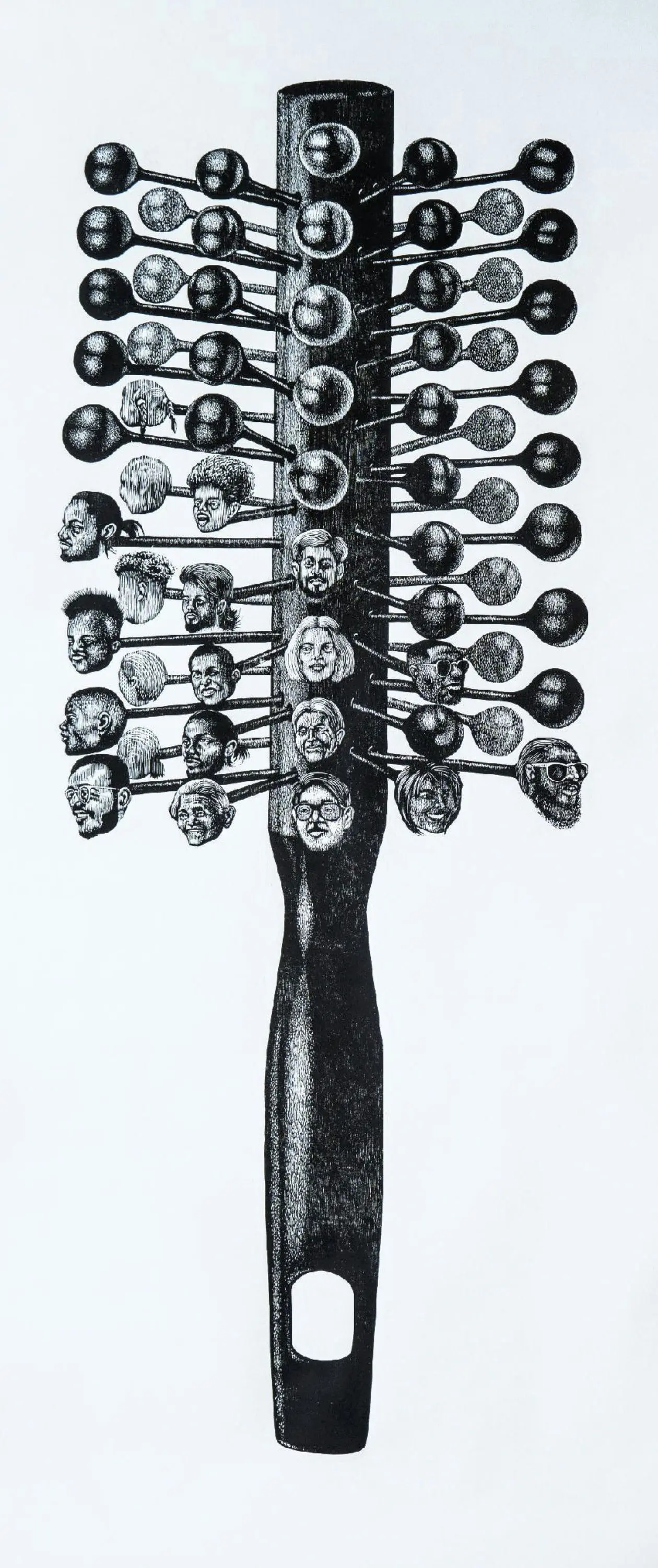 Family tree of the comb by Tukuna Dakua - Woodcut