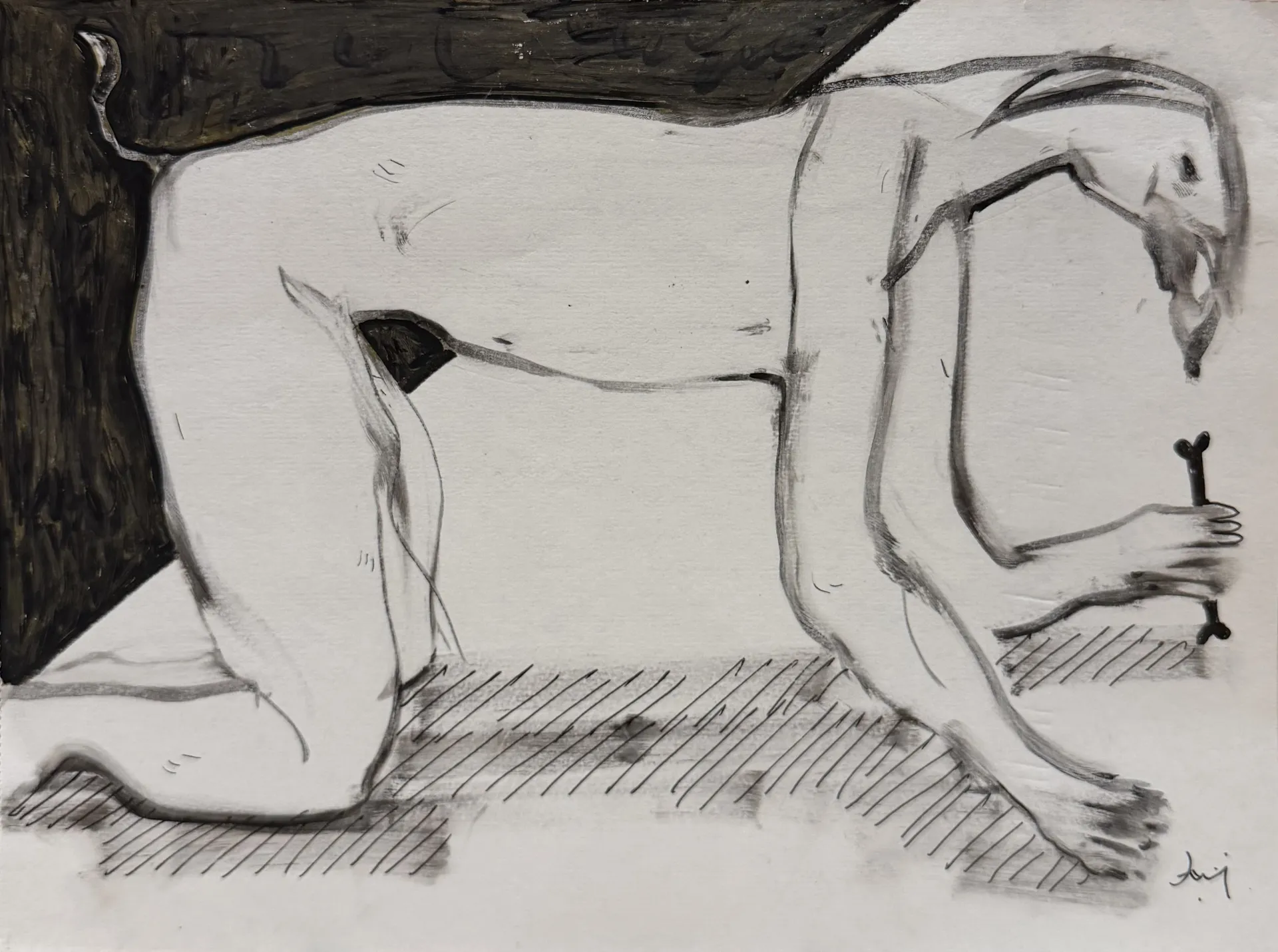 Man, dog and a bone by Aditiya Singh - Ink on paper