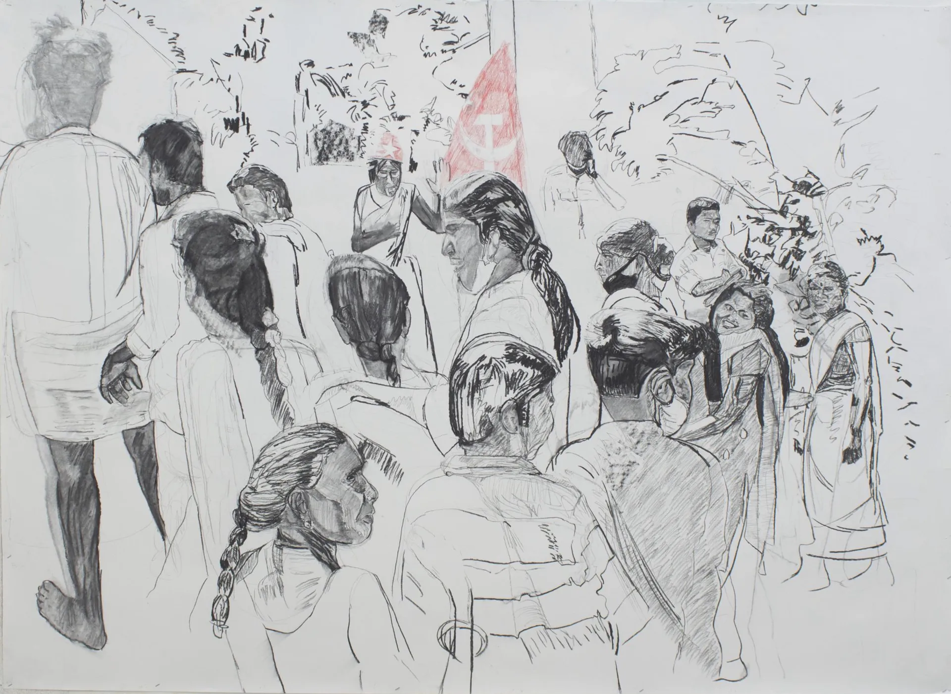 Women walking towards the memorial by Nitheen Ramalingam - Charcoal and pastels on paper