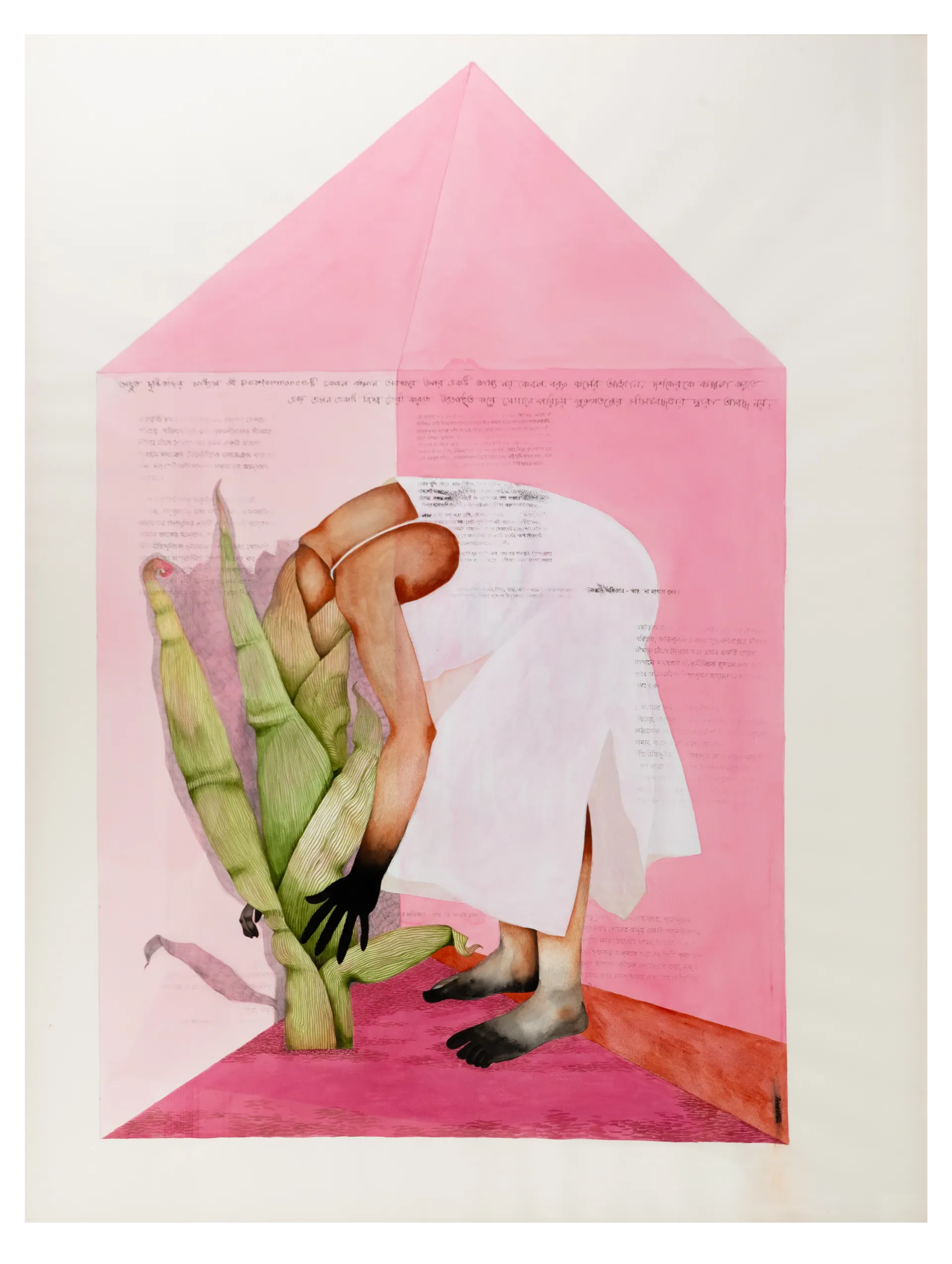 Pink house by Anup Let - Acrylic, pen & ink on Arches paper