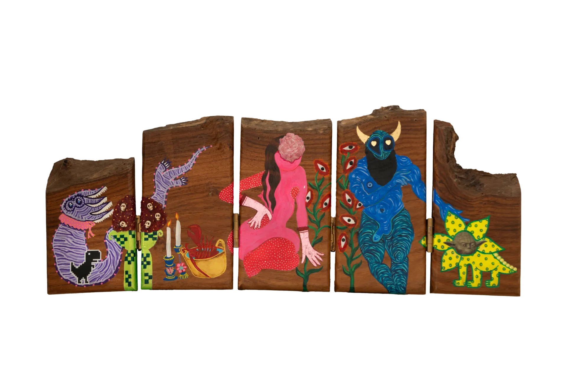 Me and my lover by Varnita Sethi - Acrylic, paper collage, pink leaf, skull beads and eyes on teak wood