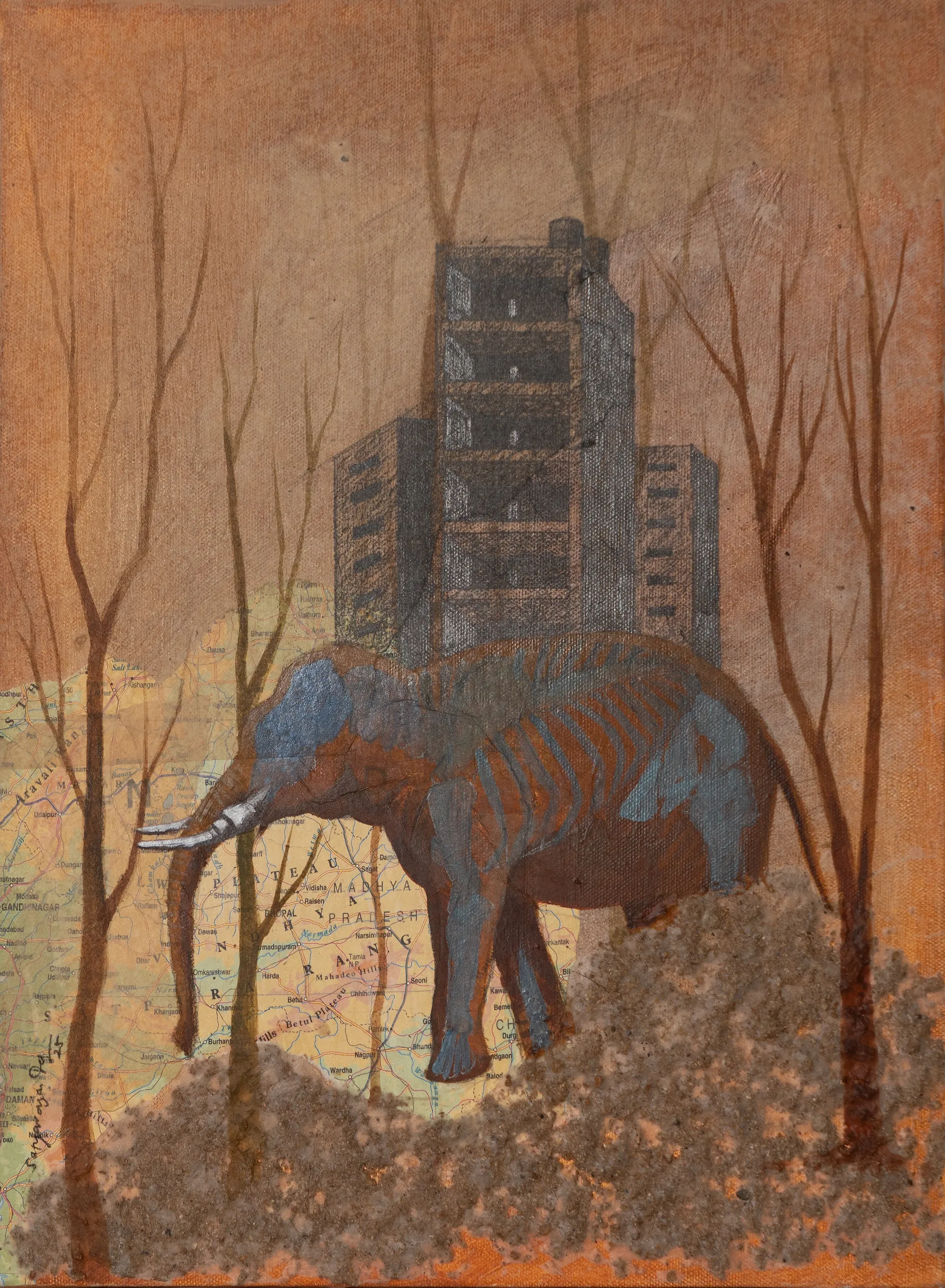 Towards the city II by Satyaranjan Das - Watercolour, sand, map, rice paper on Canson and board