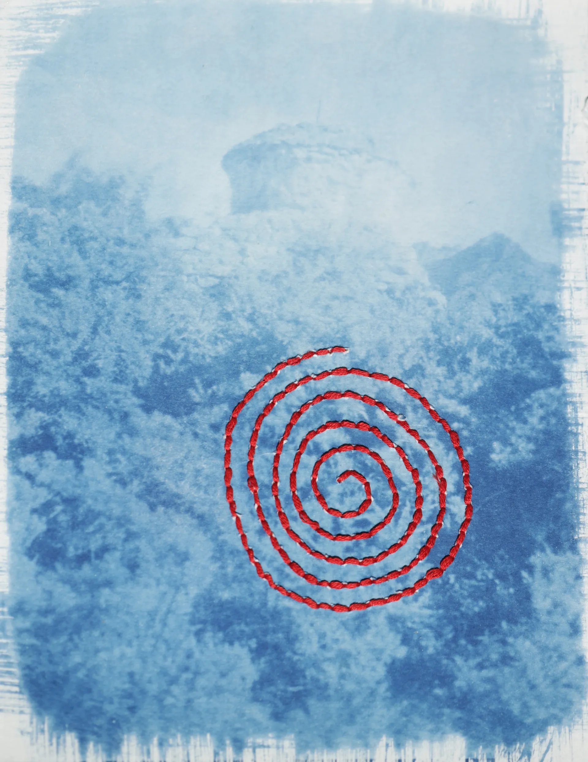 Passing by the chortens by Ayan Biswas - Hand Embroidery on Cyanotype