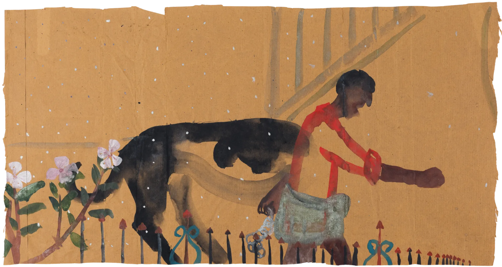 Morning walk with dog by G. Mahesha - Watercolor on brown paper