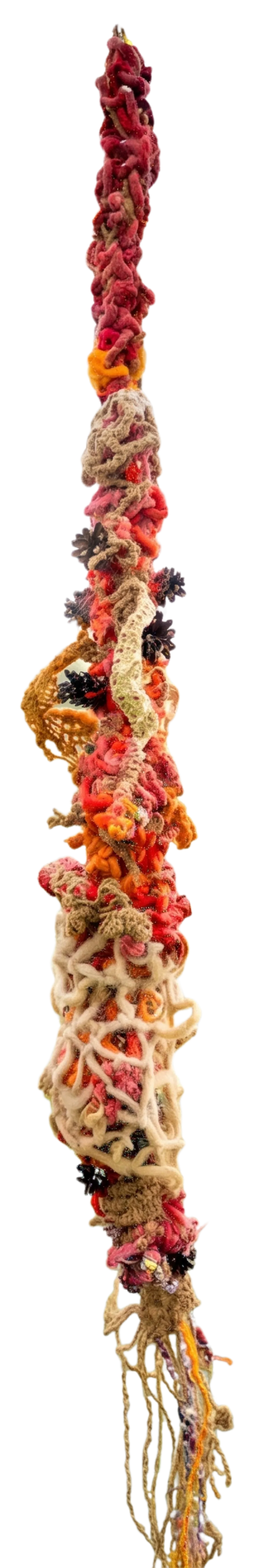 Sondregreen II by Jayita Barai - Coir rope, discarded fabric, raw wool (dyed with flowers of the alder tree), pine cones, cotton thread, woollen thread