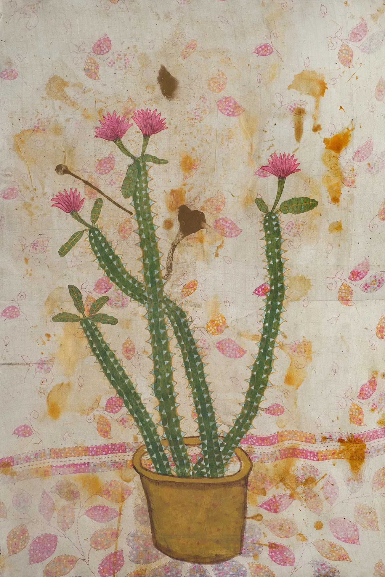 Still life with cactus on my mother’s sari – II by Aryama Pal - Graphite, acrylic colour, rust stains, and synthetic gum on Nepalese paper pasted on my mother’s sari