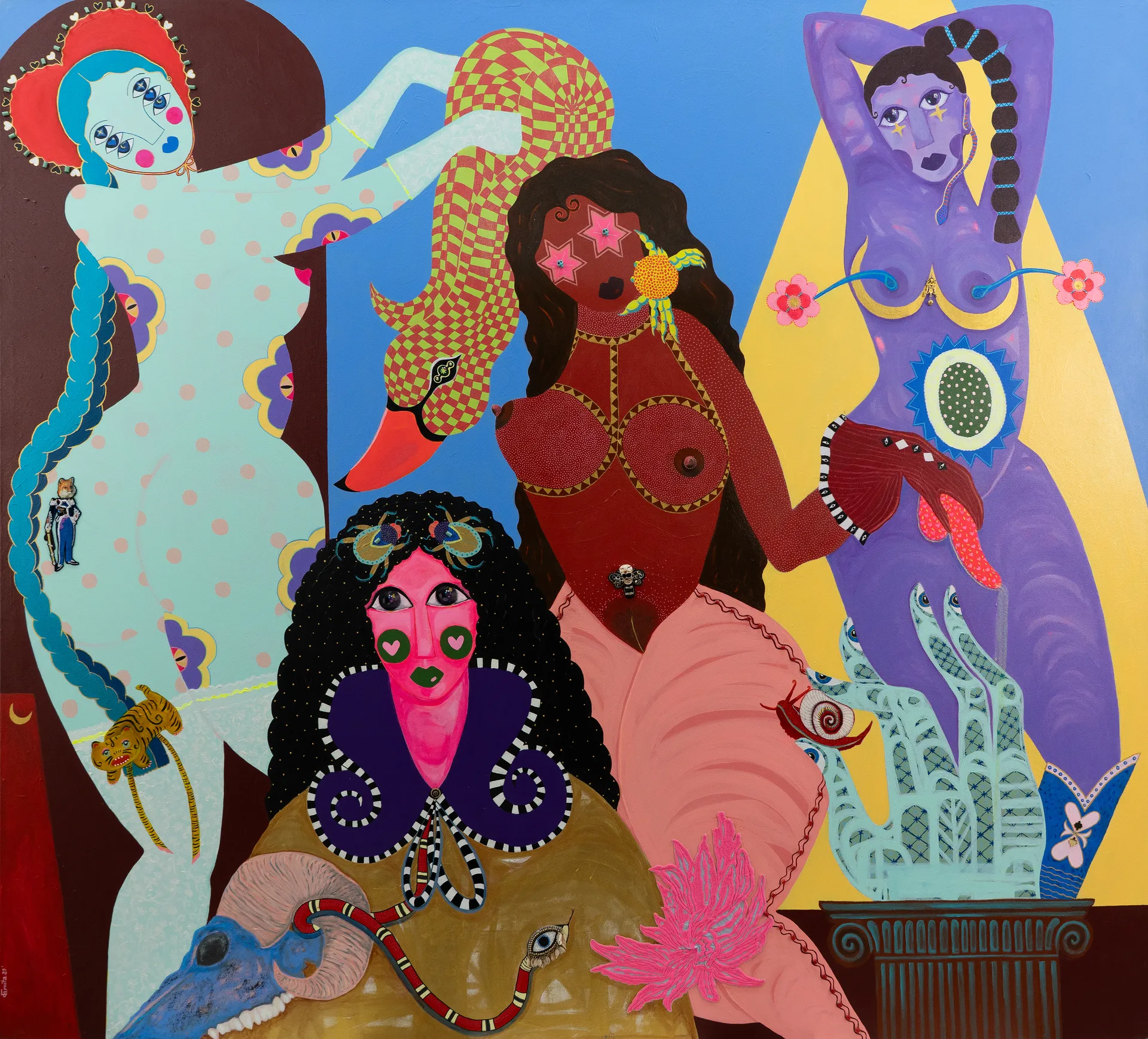 Where we meet the night by Varnita Sethi - Embroidery patch, stones, jewellery piece, skull beads and acrylic on linen canvas