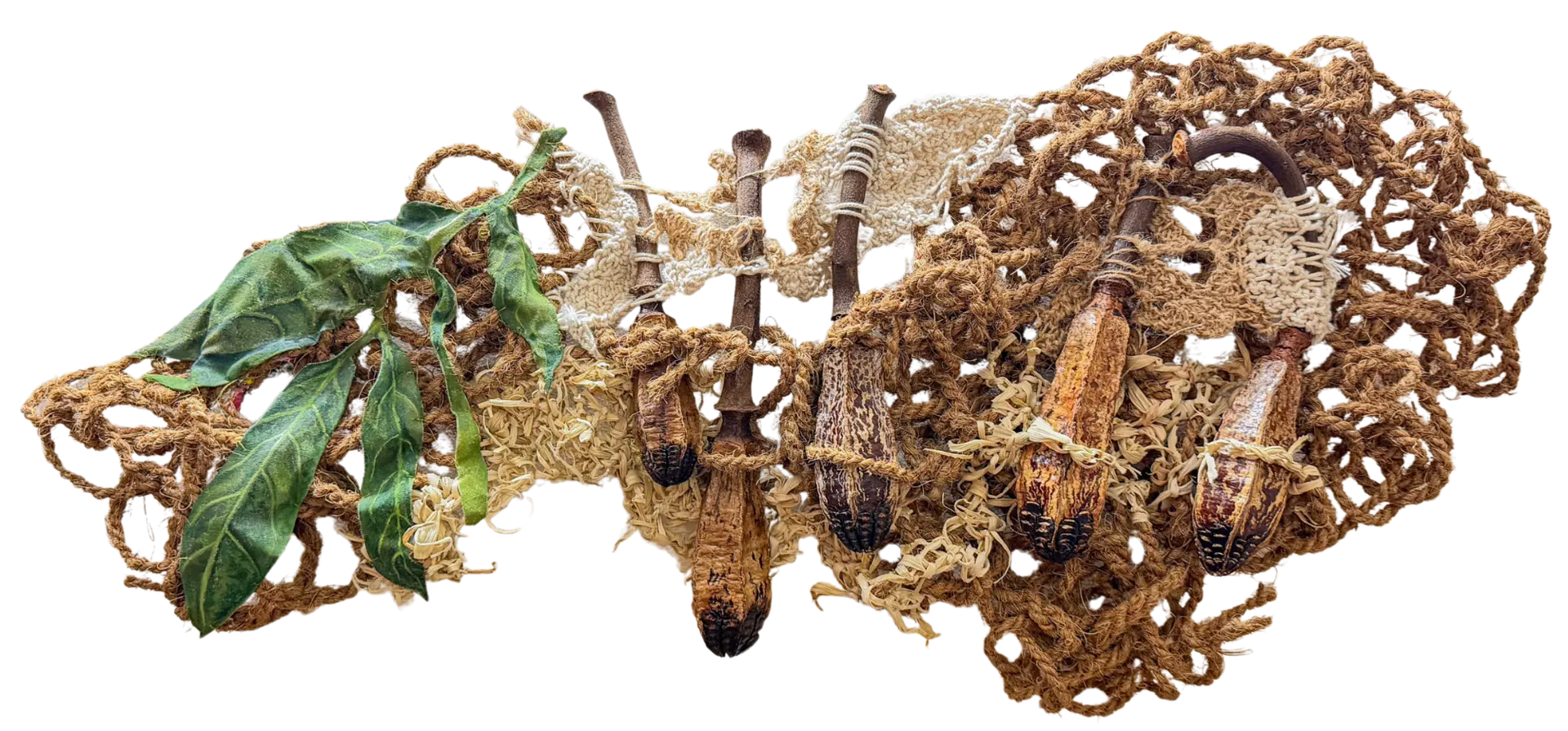 Assemblage V by Jayita Barai - Mahogany tree seedpods, watercolor on cloth, jute thread, cotton thread, corn husk, coir rope