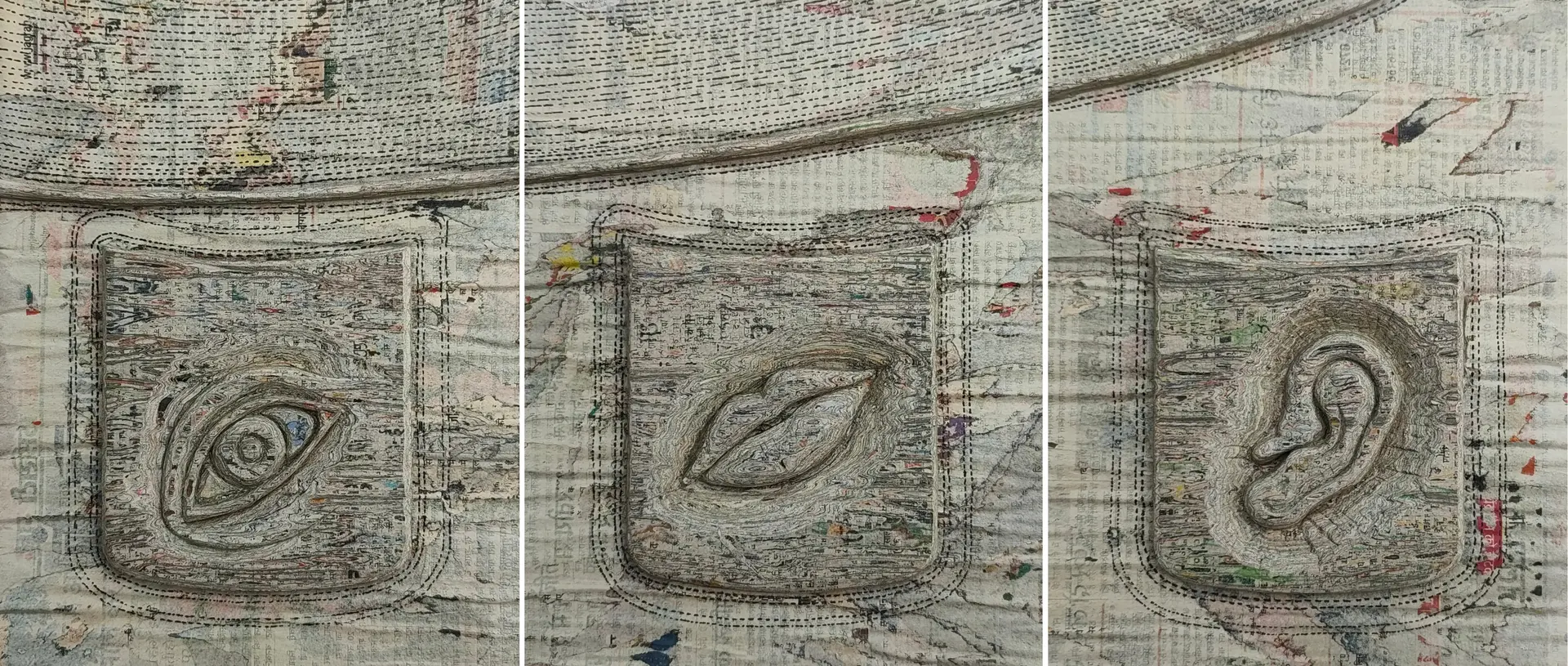Shaping sight, speech and sound (triptych) by Shiv Kumar - Collected newspaper, plate, black ink (engraving)